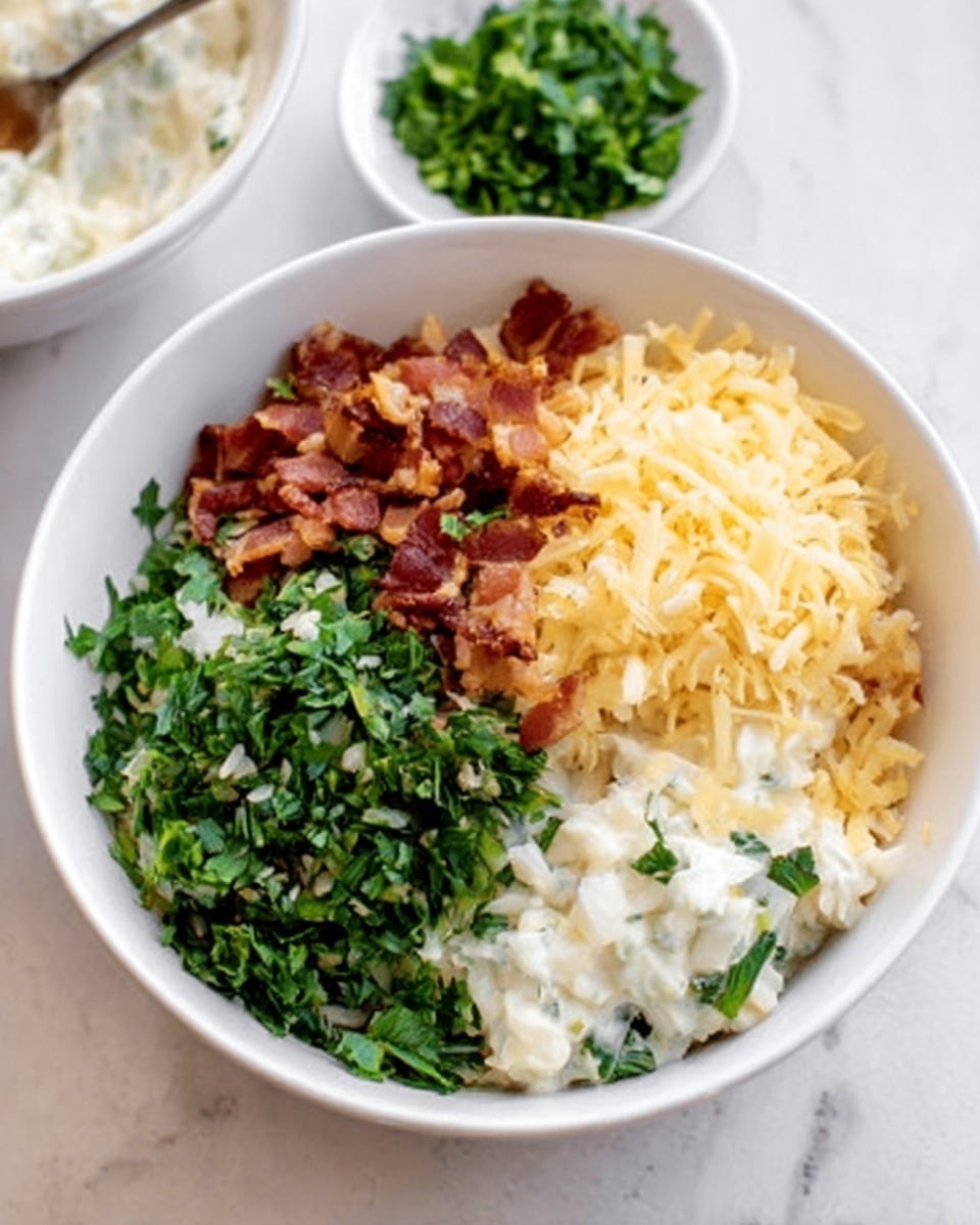 A white bowl sits on a white marbled surface, filled with four distinct layers of ingredients arranged in sections. One section has finely chopped green herbs, another has small pieces of crispy reddish-brown bacon, the third section contains shredded pale yellow cheese, and the fourth part holds creamy white mayonnaise. In the background, there is a small white bowl with additional green herbs visible. Photo taken with an iphone --ar 4:5 --v 7