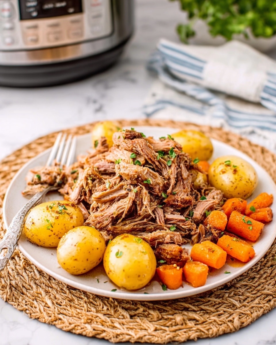 A white round plate on a white marbled surface holds a serving of cooked shredded meat piled high on top. Beneath the meat, there are several cooked whole baby potatoes with golden yellow skin, and a layer of small, tender orange carrots surrounds the potatoes around the bottom of the plate. The shredded meat is sprinkled with small green herb pieces on top. To the left side of the plate, a silver fork rests partially on the plate. In the background, a silver slow cooker and a woven placemat are visible. photo taken with an iphone --ar 4:5 --v 7