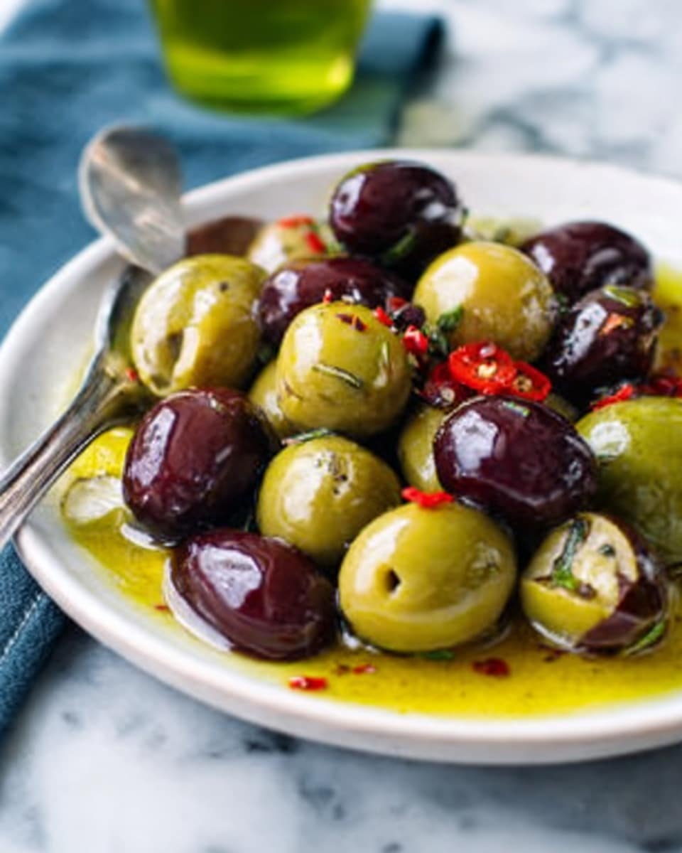 A close-up of a white plate filled with a mix of shiny green and dark purple olives, some of the green olives are cracked open, showing their soft inside. The olives sit in a pool of golden olive oil, scattered with small red chili peppers and herbs. There is a silver spoon resting on the side of the plate, and the background shows a white marbled surface with a slightly blurred blue cloth and a bottle with green liquid. The photo taken with an iphone --ar 4:5 --v 7