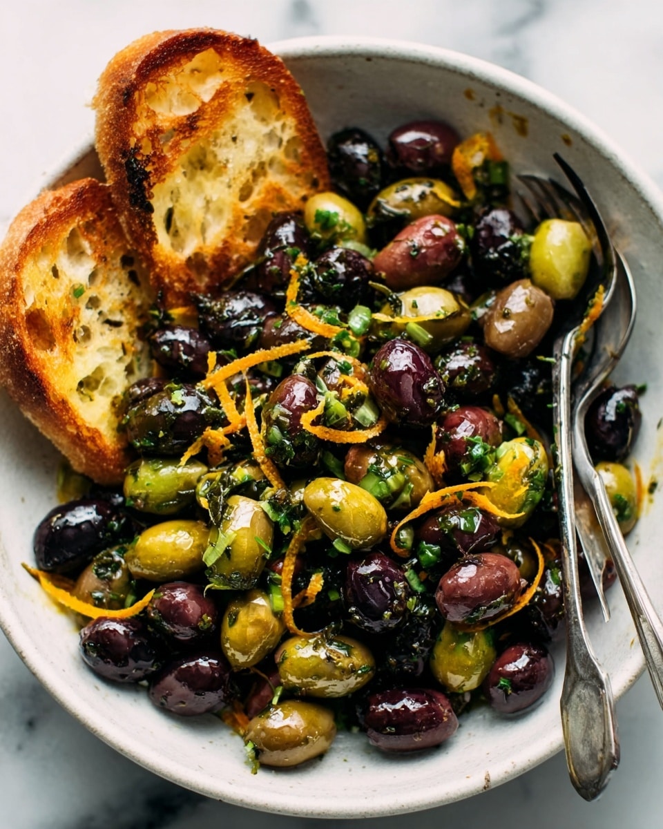 A white bowl filled with a mix of black and green olives, tossed with small pieces of green herbs and thin orange peel strips. On top of the olives are two pieces of toasted bread, slightly browned and crispy. The bowl sits on a white marbled surface. Two silver forks rest inside the bowl, one on each side. The colors are rich with shiny olives, bright orange peels, and green herbs all contrasting. photo taken with an iphone --ar 4:5 --v 7