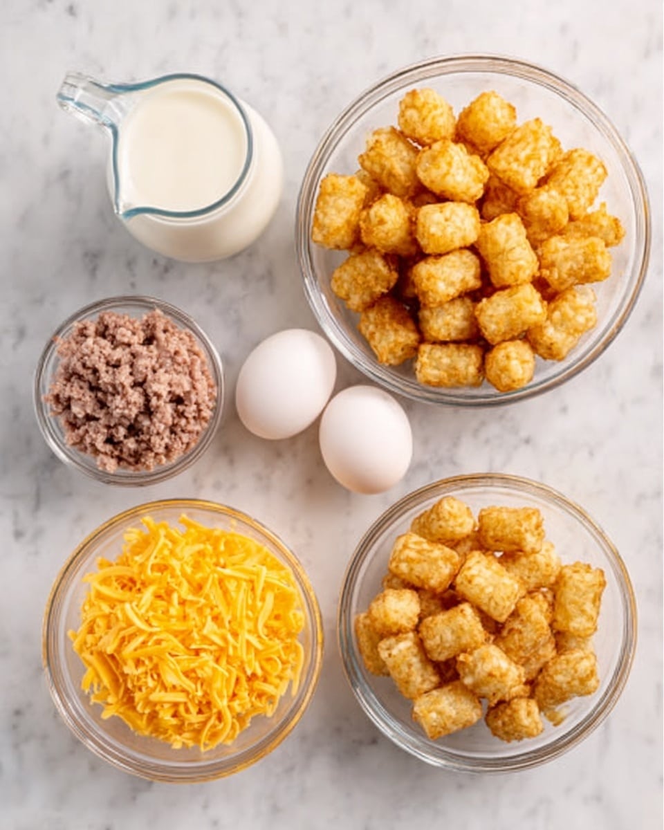 The image shows six separate glass bowls arranged on a white marbled surface. The top right bowl is filled with golden-brown tater tots, looking crispy and piled high. Just below it, a small glass pitcher contains white milk. To the left of the pitcher are two white eggs placed side by side. Above the eggs, a smaller bowl holds crumbled light brown breakfast sausage. At the bottom left, a medium bowl is filled with bright orange shredded cheddar cheese. The clear glass bowls all sit on the white marbled background, showing the colorful ingredients clearly. Photo taken with an iphone --ar 4:5 --v 7