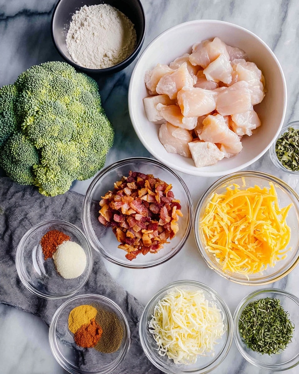 The image shows an overhead view of various ingredients arranged on a dark gray cloth over a white marbled surface. At the top right, there is a white bowl filled with pale pink raw chicken pieces. Surrounding this are small clear glass bowls with spices and seasonings: finely chopped green herbs, light yellow granulated seasoning, dried green herb flakes, finely minced garlic, and a heap of reddish-brown paprika powder. There are also two small blue bowls with shredded white and shredded yellow cheese. At the bottom left, there is a fresh green broccoli crown next to a clear glass bowl filled with crispy cooked bacon pieces. Near the chicken, a small dark stone bowl contains white flour. The ingredients are neatly spread out and well organized. photo taken with an iphone --ar 4:5 --v 7