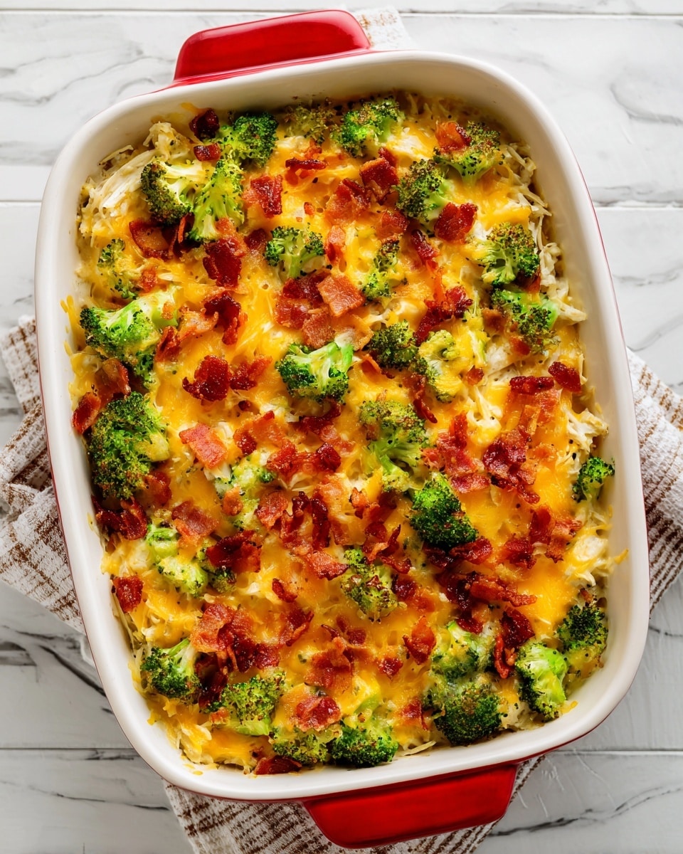 The image shows a close-up of a casserole dish filled with a layered broccoli chicken and cheese bake. The bottom layer is creamy white sauce with bits of broccoli visible. Above is a chunky layer of light beige shredded chicken mixed with bright green broccoli florets. The top layer has melted golden-yellow cheddar cheese with scattered small crispy reddish-brown bacon pieces. The dish is in a white casserole dish with a red outside, set on a white marbled surface. photo taken with an iphone --ar 4:5 --v 7