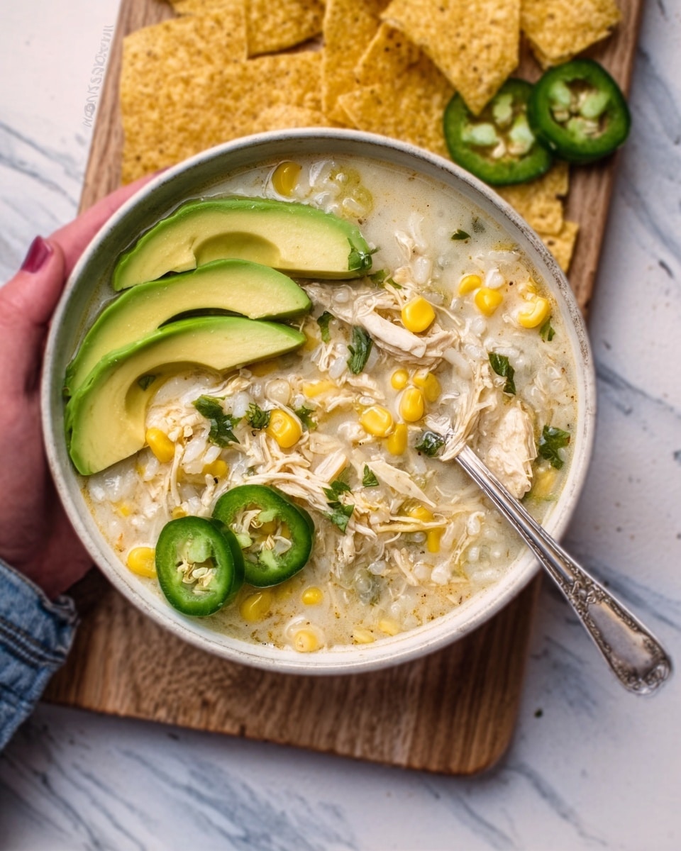 The image shows a bowl of creamy soup with a thick texture, filled with shredded chicken, yellow corn, and white rice mixed throughout. The soup is topped with three slices of fresh green avocado arranged along one side, two round green jalapeño slices placed near the avocado, and some chopped fresh green herbs sprinkled on top. The bowl is white, and it sits on a white marbled surface with some tortilla chips placed nearby. A spoon rests inside the bowl, with a woman's hand holding it. Photo taken with an iphone --ar 4:5 --v 7