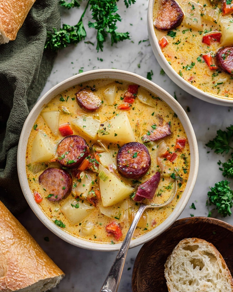 A bowl filled with thick creamy soup showing three main layers: a base of light orange creamy broth with visible oil droplets, medium-sized chunks of pale yellow potatoes scattered throughout, and thick round slices of browned sausage with dark red edges mixed evenly with small pieces of red bell pepper and sprinkled with finely chopped green herbs on top, placed against a white marbled background with a silver spoon inside the bowl and a piece of crusty bread on the side photo taken with an iphone --ar 4:5 --v 7