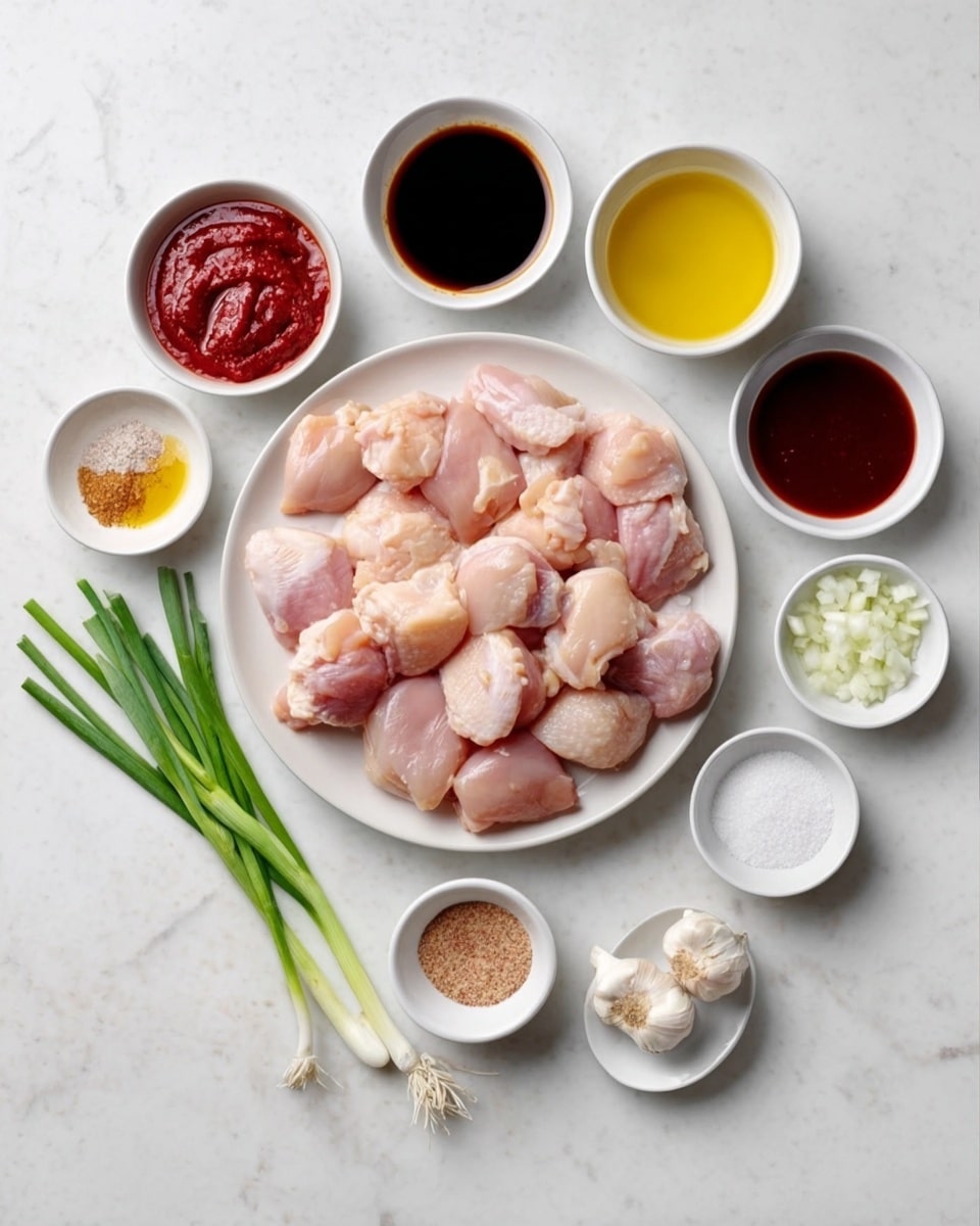 The image shows a white plate full of raw chicken pieces on a white marbled surface. Around the plate, there are several small white bowls and containers holding different ingredients: red sauce, dark soy sauce, light yellow oil, chopped white onions, minced garlic, a sparkly reddish sauce, white granulated salt, and light brown ground spice. There are also three green onions placed near the bowls. The setup is neat and organized. Photo taken with an iphone --ar 4:5 --v 7