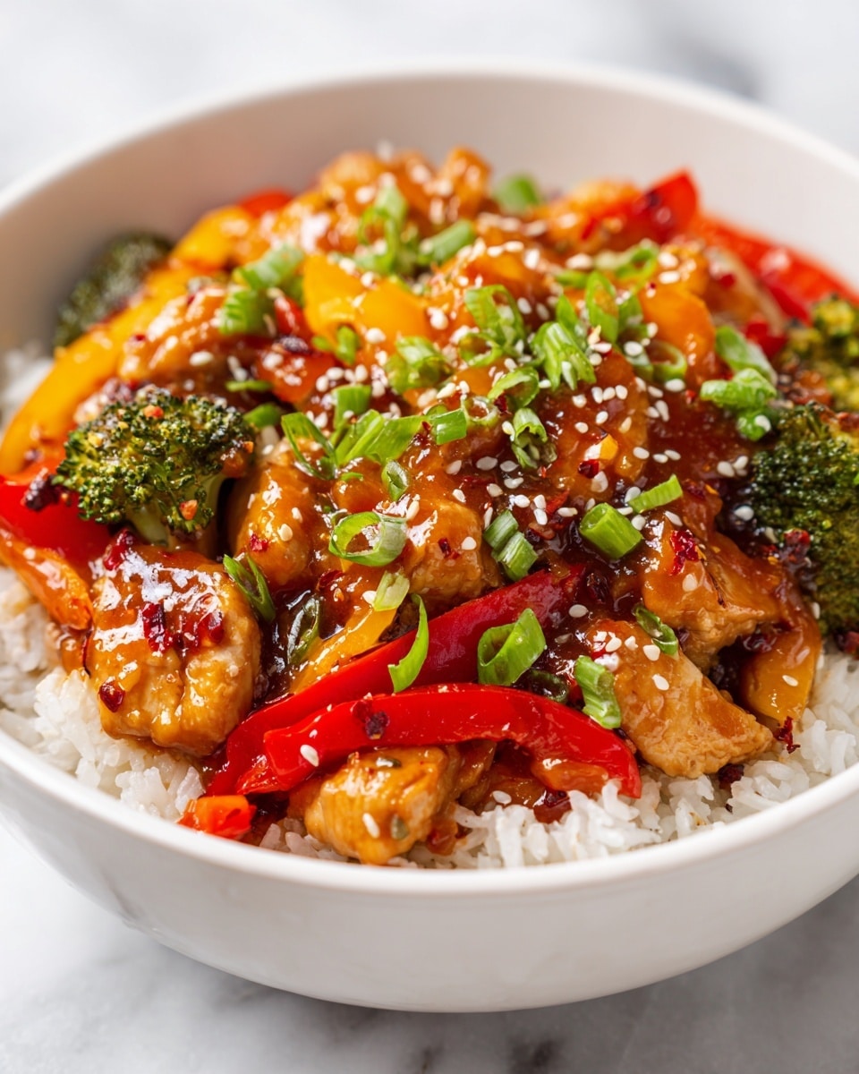 A bowl filled with three main layers: the bottom layer is white rice with a soft texture, the middle layer consists of a thick dark orange sauce with small red chili flakes, and the top layer has chunks of light brown chicken, bright red and yellow bell pepper strips, and small green broccoli florets. The dish is garnished with chopped green onions and white sesame seeds scattered evenly across the top. The bowl is white, sitting on a white marbled surface, with a close-up view showing vibrant colors and textures in natural light, photo taken with an iphone --ar 4:5 --v 7