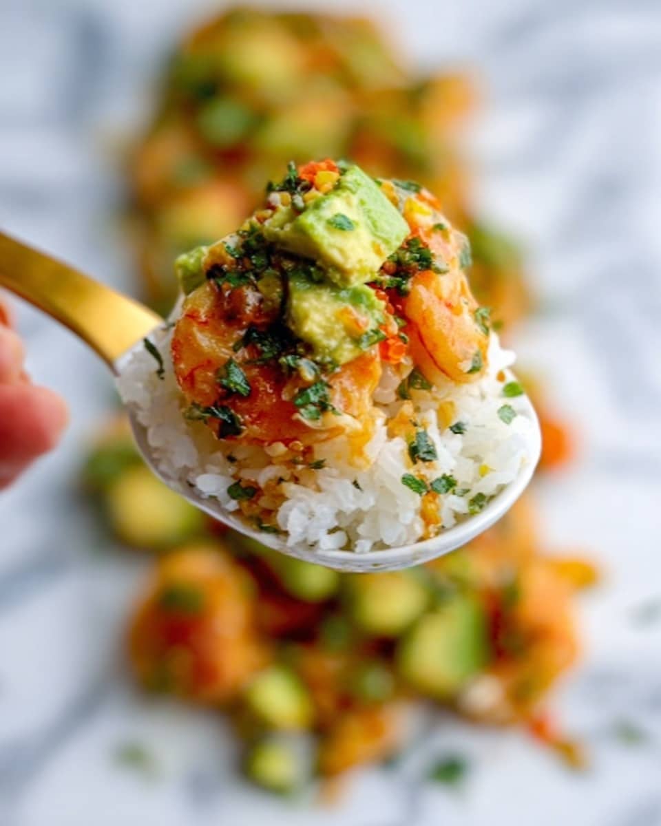A close-up image of a gold fork with a woman's hand holding it, carrying a bite-sized portion of a layered dish. The bottom layer on the fork is white rice with a soft texture, topped with diced red-orange cooked shrimp, and sprinkled green herbs. On top, there are small cubes of green avocado with smooth texture mixed with some bright orange sauce. The background is out of focus but features clusters of the same dish in a white plate resting on a white marbled surface. The colors are warm and fresh, mostly white, orange, green, and gold. photo taken with an iphone --ar 4:5 --v 7