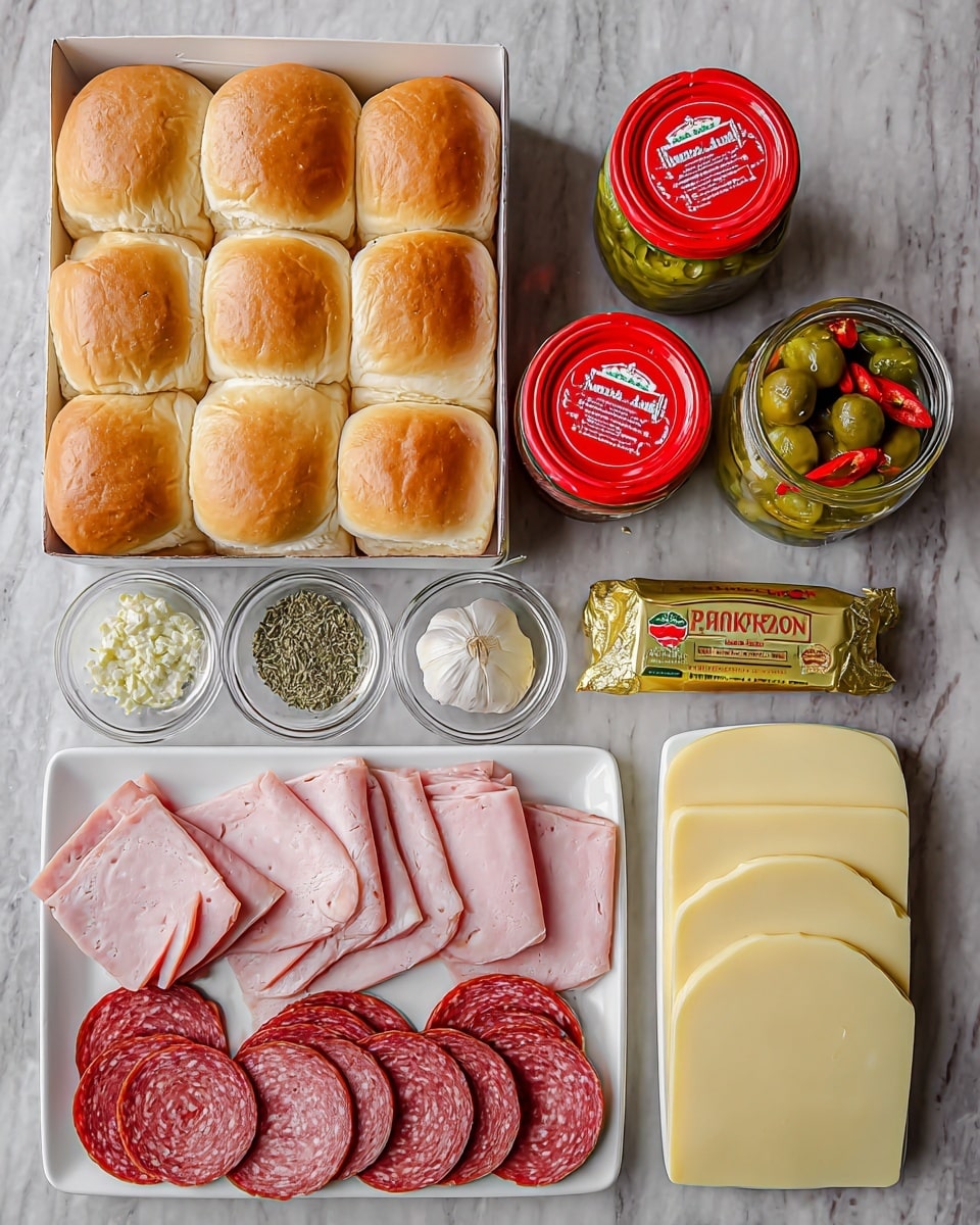 The image shows an arrangement of sandwich ingredients on a white marbled surface. On the top left, there is a white box holding 12 golden brown soft sandwich buns in a 3 by 4 layout. To the right of the buns, there are two jars with red lids; the left jar contains light green pepperoncini, and the right jar holds sliced hot cherry peppers with red and green colors. Next to the jars, a stick of golden butter wrapped in gold foil is placed horizontally. Above the butter, two small clear glass bowls hold dried herbs and two garlic cloves each. At the bottom left, a rectangular white plate contains three neat stacks of sliced deli meats: pale pink ham on the left, reddish pepperoni in the middle, and speckled round slices of salami on the right. On the bottom right, next to the plate, there is a stack of round pale yellow cheese slices. Photo taken with an iphone --ar 4:5 --v 7