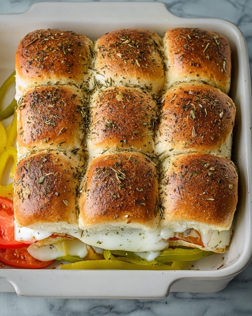 A white baking dish holds a stack of nine sandwich rolls arranged in a 3 by 3 grid, each roll with a shiny golden-brown top sprinkled with herbs and seasoning. The top layer is made of soft sandwich rolls, toasted to a light crisp with visible herbs like rosemary and garlic. Beneath the rolls, a layer of melted white cheese partially visible, oozing slightly between the bread, layered over pale green pepper slices and yellow-green banana pepper rings scattered at the base. A slice of red tomato peeks out near the bottom left corner, adding a pop of color. The dish rests on a white marbled surface. Photo taken with an iphone --ar 4:5 --v 7