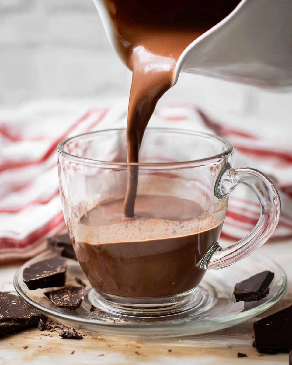 A clear glass cup is placed on a clear glass saucer with scattered dark chocolate pieces around it. A thick, smooth stream of light brown hot chocolate is being poured into the empty glass cup from a white pot held above. In the background, there is a blurred white and red striped cloth, and the surface underneath is a white marbled texture. The focus is on the rich chocolate pouring into the cup, showing the creamy texture as it gently swirls inside. Photo taken with an iphone --ar 4:5 --v 7