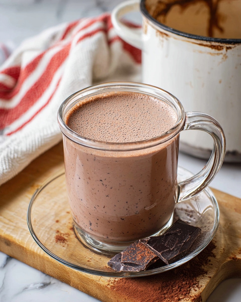 A clear glass mug filled with a light brown, creamy hot chocolate drink showing tiny dark specks throughout, sitting on a clear glass saucer that holds several small pieces of dark chocolate and cocoa powder dust. The mug is placed on a wooden board with a slightly worn texture, and behind it, a white pot with dark stains on the inside rim is partially visible. In the background, a white and red striped cloth rests casually. The setting is on a white marbled surface. Photo taken with an iphone --ar 4:5 --v 7