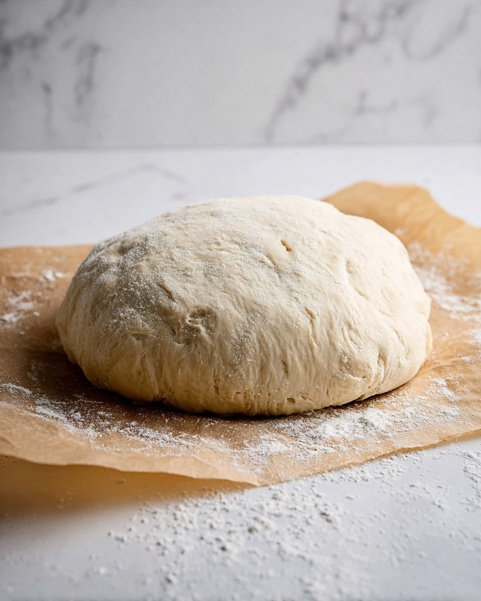 A round dough ball sits on a piece of brown parchment paper placed on a white marbled surface. The dough is pale beige with a lightly floured, soft, slightly puffy texture and some small dimples on its smooth surface. The edges of the parchment paper are wrinkled, and a light dusting of flour is scattered around the base of the dough on the marbled surface. The background is simple with a subtle white marble pattern. photo taken with an iphone --ar 4:5 --v 7