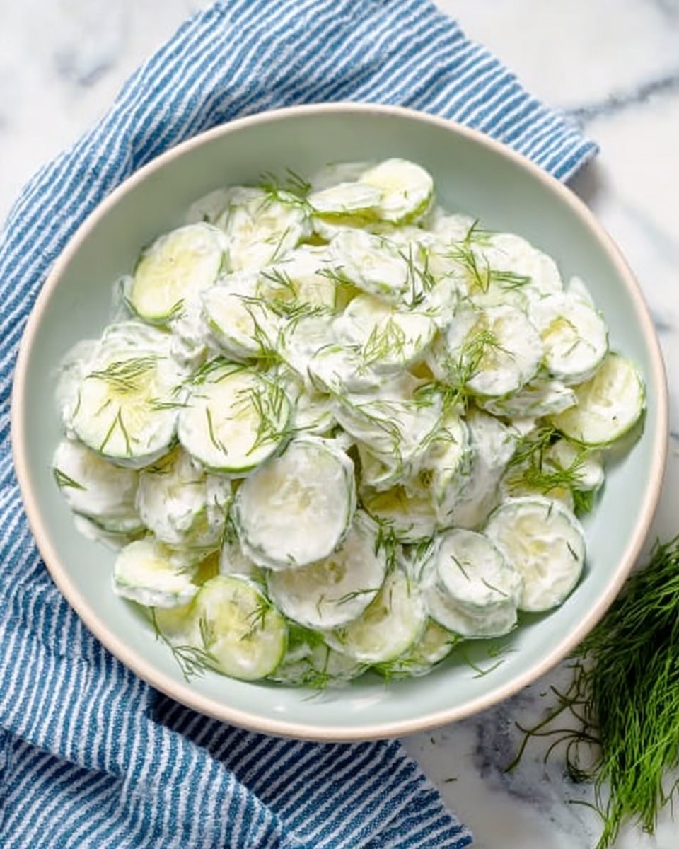 The image shows a white round bowl filled with a creamy cucumber salad. The salad has thin, pale green cucumber slices mixed with a smooth, white cream dressing. Small green dill sprigs are spread on top, adding a fresh touch. The bowl is placed on a white marbled surface with a blue and white striped cloth partially under it, and some green dill is lying beside the bowl. Photo taken with an iphone --ar 4:5 --v 7