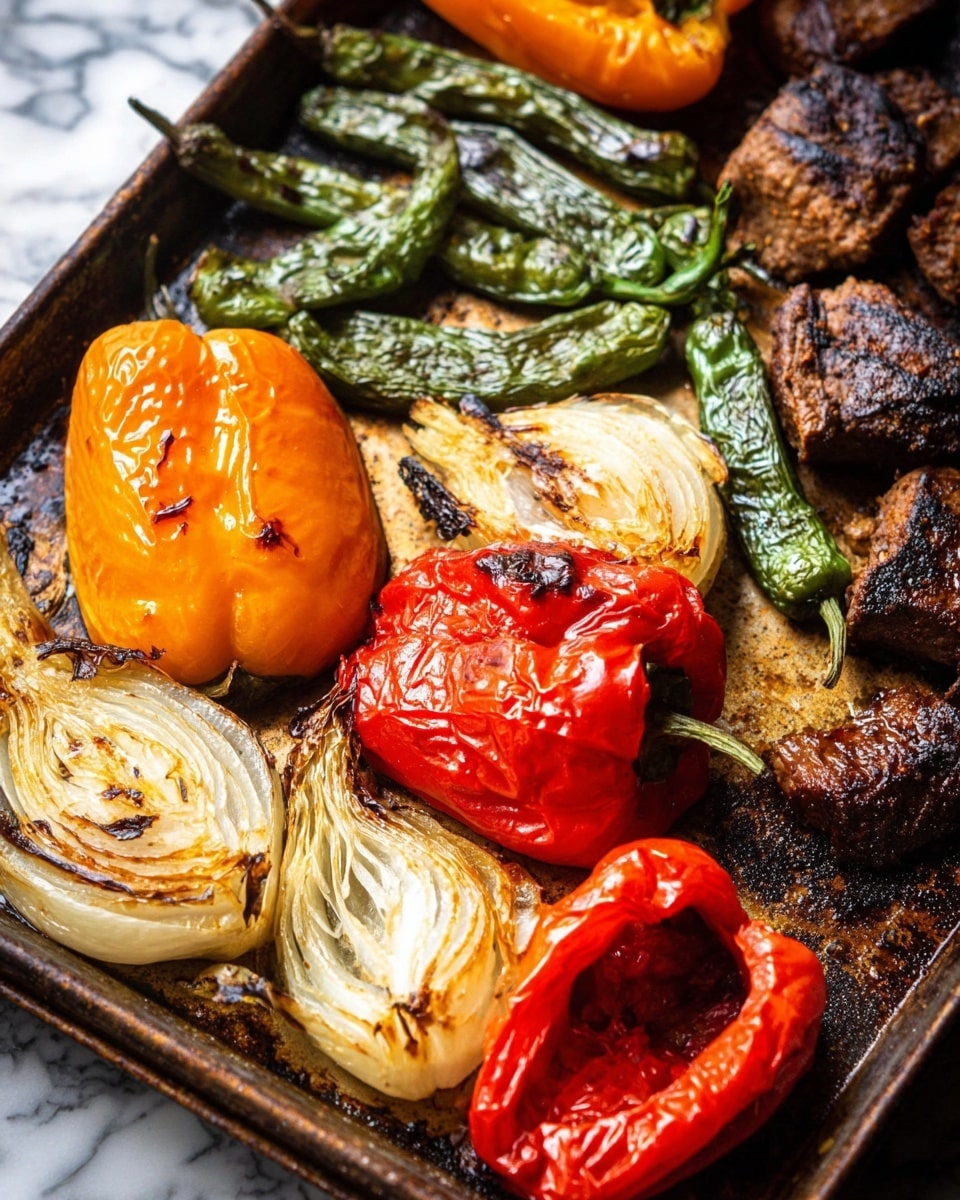 The image shows a baking tray filled with roasted vegetables and pieces of cooked meat. On the tray, there are two orange bell pepper halves that are soft with slightly browned edges, two bright red roasted pepper halves with wrinkled skin showing some char marks, several slices of translucent cooked onions with a slight yellowish tinge, and charred green chili peppers. The cooked meat pieces are dark brown with a rough, grilled texture. The tray has a rustic, slightly greasy look from the roasting process. The background is a white marbled surface. Photo taken with an iphone --ar 4:5 --v 7