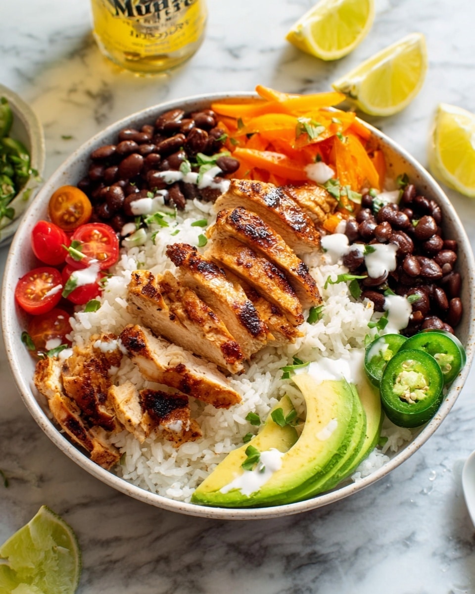 The image shows a white bowl filled with several layers of ingredients arranged neatly. The base layer is white rice covering the bowl. On top of the rice, there are grilled slices of golden-brown chicken placed in the center. To the left of the chicken, there are thin orange strips of what seems to be roasted or cooked vegetables. Below the chicken layer, there are dark brown beans in one area, scattered around the chicken. To the right of the chicken, there is a small cluster of bright red cherry tomatoes. Near the bottom edge of the bowl, thin slices of light green avocado are arranged next to the tomatoes. Small dollops of white creamy sauce are added in different spots, and thin slices of green jalapeño peppers are placed near the chicken. The bowl is set on a white marbled surface, and a bottle with yellow and white labels along with lemon wedges are visible in the background. Photo taken with an iphone --ar 4:5 --v 7