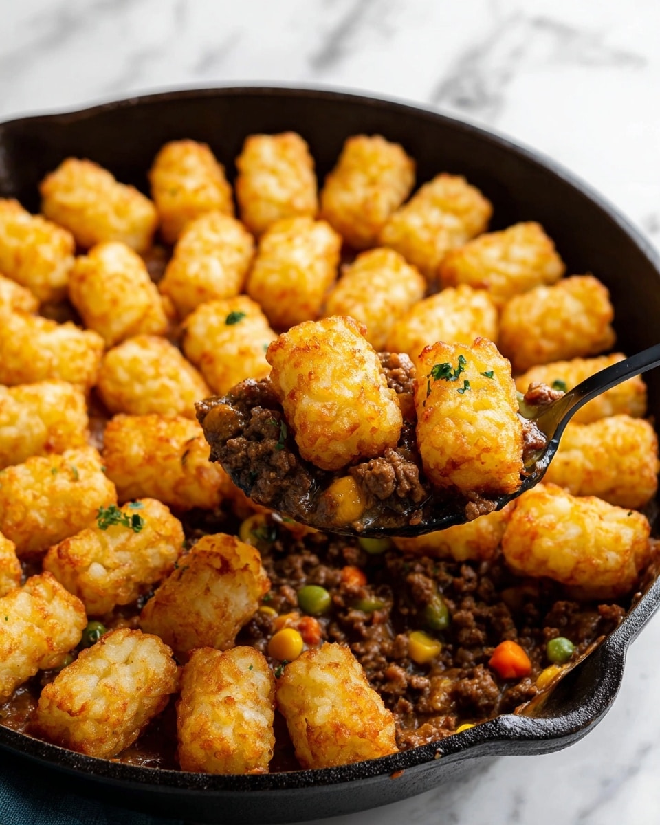 The image shows a cast iron skillet filled with a layered dish. The bottom layer is cooked ground meat mixed with small pieces of carrots, corn, and peas, showing a brown and slightly chunky texture. On top of this, there is a neat circle of golden-brown crispy tater tots arranged close to the edge of the skillet. More tater tots cover the meat mixture, some showing a crunchy texture with a sprinkle of green herbs. A black serving spoon lifts a portion, showing three tater tots resting on the brown, vegetable-studded meat layer. The background is a white marbled surface. photo taken with an iphone --ar 4:5 --v 7