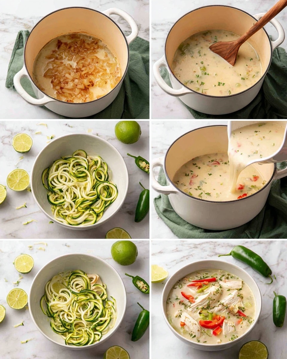 The image shows six steps of making a creamy soup dish. The first step has a white pot with small pieces of lightly cooked onions, golden brown on a white marbled surface with a green cloth under the pot. The second step shows the same pot now with added small green pepper pieces being stirred with a wooden spoon. In the third step, the pot contains a creamy, light beige soup with visible slices of red bell pepper and small green herbs floating on the surface. The fourth picture shows three white bowls each filled with light green spiral zoodles, with lime wedges and whole green jalapeños on the white marbled surface around them. The fifth image shows a woman's hand pouring thick creamy soup from a white ladle over the zoodles in one of the bowls, with lime wedges and jalapeños around on the marble. The final step is a full bowl of the creamy soup with zoodles, red bell pepper slices, and chunks of white chicken, garnished with a lime wedge on the side, placed on the white marbled surface with jalapeños and lime wedges nearby. Photo taken with an iphone --ar 4:5 --v 7