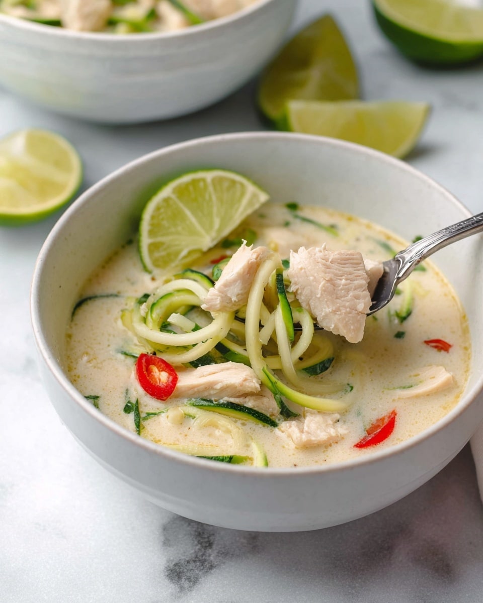 The image shows a light-colored soup in a white bowl on a white marbled surface. Inside the soup, there are two pale pieces of chicken, green spiralized zucchini noodles at the bottom, and red bell pepper strips. A white spoon is pouring clear, broth with small pieces of onion and red pepper over the chicken and noodles. Around the bowl are two wedges of lime and a partially visible green pepper. In the background, another white bowl with zucchini noodles and some green herbs can be seen. photo taken with an iphone --ar 4:5 --v 7