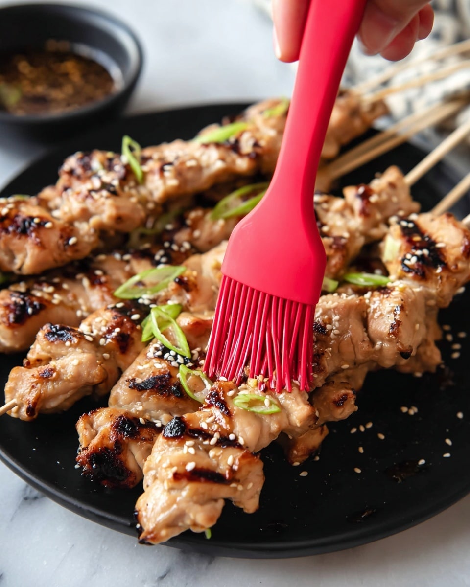 The image shows several skewers of grilled chicken laid closely on a black plate, each skewer holding pieces of light brown grilled chicken with slight char marks. Light green sliced scallions and white sesame seeds are sprinkled on top, adding texture and color contrast. A woman's hand holding a red silicone brush is applying a shiny sauce over the chicken pieces in the front, making them look moist and glossy. The background features a black bowl with sauce, and the surface underneath is a white marbled texture. photo taken with an iphone --ar 4:5 --v 7