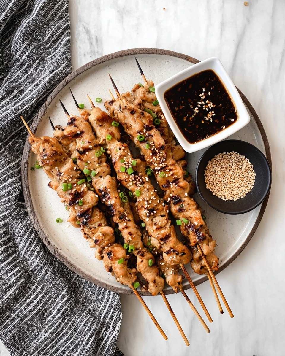 There are five skewers of grilled chicken satay laid side by side on a round white plate. The chicken pieces are light brown with some grill marks and sprinkled with small white sesame seeds and chopped green onions. On the edge of the plate, there is a small square white bowl filled with dark brown dipping sauce, topped with a few sesame seeds and green onion bits. Next to the plate, a small round black bowl contains more sesame seeds. The white marbled surface underneath holds a grey and white striped cloth in the top left corner. photo taken with an iphone --ar 4:5 --v 7