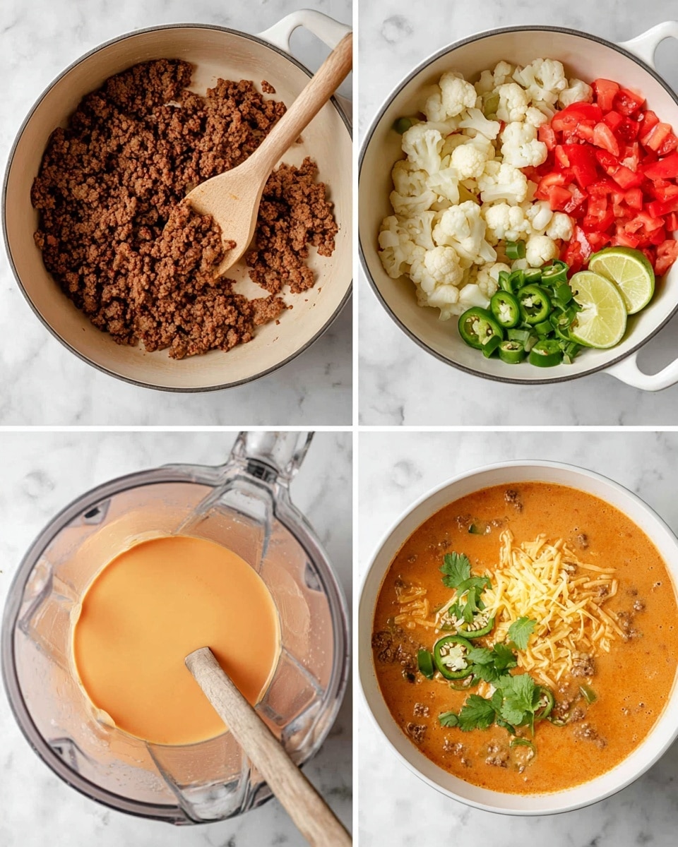 The images show a step-by-step cooking process in a white pot on a white marbled surface. First, the pot holds browned ground meat with a wooden spoon resting inside. Next, the pot contains raw cauliflower pieces, chopped red tomatoes, and diced green peppers placed side by side before being mixed and filled with a clear broth. Then, a blender jar pours a smooth, light orange creamy sauce back into the pot. After that, the cooked ground meat is added to the orange sauce and stirred together. The final image shows a white bowl filled with the thick orange soup topped with shredded yellow cheese, chopped green jalapeños, fresh green cilantro, and two lime wedges on the side. photo taken with an iphone --ar 4:5 --v 7