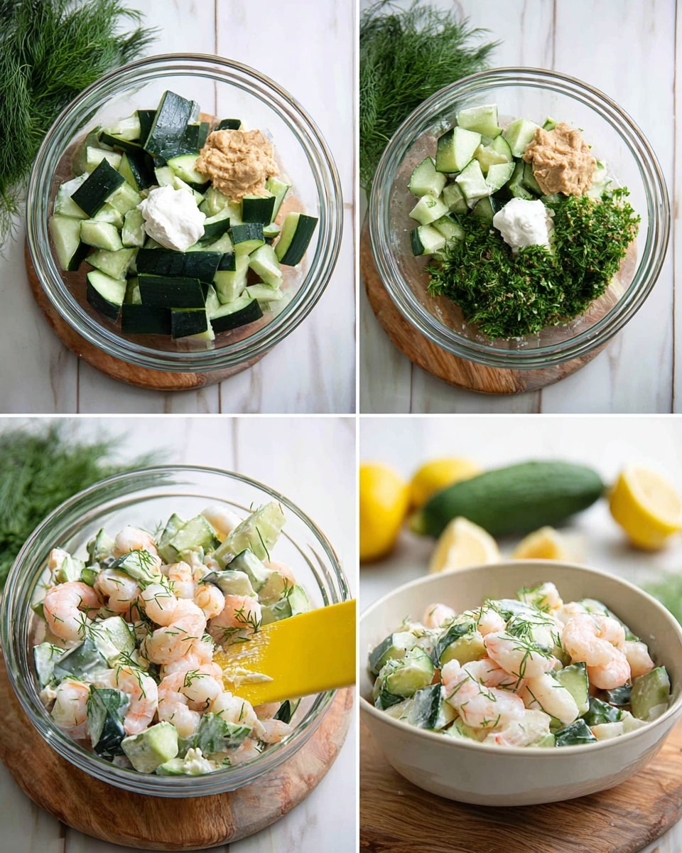 The images show the making of a shrimp cucumber salad in four steps. The first layer in a clear glass bowl has large pieces of dark green cucumber and small pink shrimp placed next to each other. The second layer adds dollops of white creamy sauce, light brown mustard paste, and a heap of bright green chopped herbs on top of the cucumber and shrimp. The third layer shows the ingredients mixed together with a yellow spatula, creating a creamy, pale salad with visible pieces of shrimp, cucumber, and green herbs. The final layer is the fully mixed salad served in a white bowl on a wooden board, with shrimp, cucumber chunks, and fresh dill garnish, and a spoon placed inside the bowl. The background surface is a white marbled texture with a lemon and green herbs blurred behind the bowl photo taken with an iphone --ar 4:5 --v 7