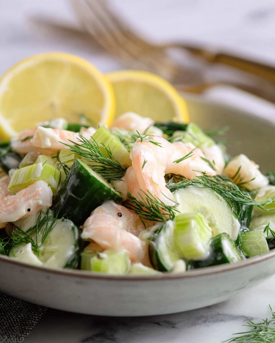 A close-up of a shrimp salad in a white bowl, layered with pink shrimp pieces mixed with sliced green cucumbers. The salad is dotted with fine sprigs of dark green dill, and a bright yellow lemon wedge is placed at the back of the bowl. The textures show the soft shrimp, crisp cucumber, and fresh herbs all combined. The bowl rests on a white marbled surface with a fork blurred in the background. Photo taken with an iphone --ar 4:5 --v 7