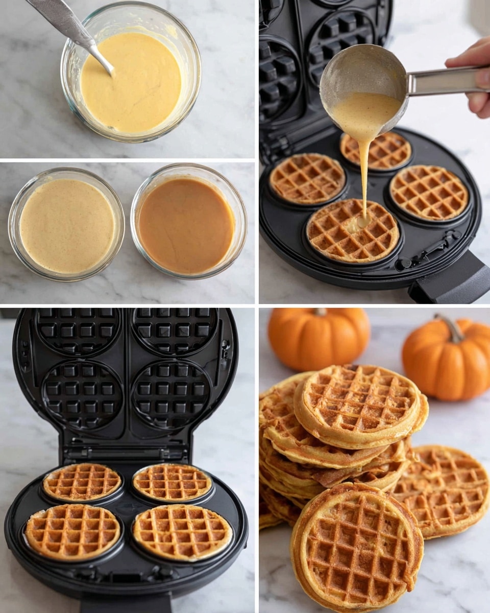 The image shows six steps of making round waffles. The first two steps show a clear glass container with light yellow batter, then the batter darkens to a warm brown color. Next, a black waffle maker with four round molds is open on a white marbled surface, and a woman's hand uses a metal scoop to pour thick brown batter into one mold. The following step shows the waffle maker with three golden brown, cooked waffles inside the molds. The last step shows a close-up of a pile of round golden brown waffles with a crisp texture on a white marbled surface, with small orange pumpkins in the background. Photo taken with an iphone --ar 4:5 --v 7