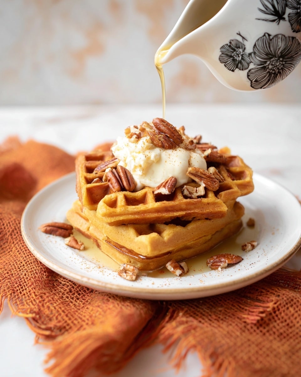 A stack of two golden brown waffles sits at the center of a white plate, resting on a folded rustic orange cloth with a textured weave. On top of the waffles, there is a dollop of creamy white butter sprinkled with small pecan pieces and a light dusting of cinnamon or spice. Above the stack, a white creamer with black floral designs pours a smooth, golden syrup onto the butter, creating a glossy stream. The setting shows a white marbled surface in the background. Photo taken with an iphone --ar 4:5 --v 7