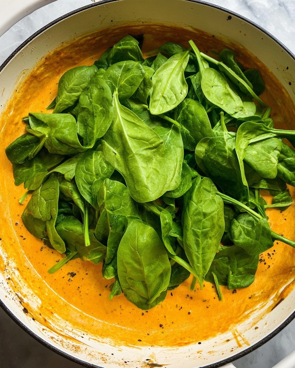 A white pot filled with a thick, creamy orange sauce at the bottom, showing a smooth texture with some small dark seasoning specks. On top of the sauce, there is a large pile of fresh, green spinach leaves spread evenly, with their smooth and slightly wrinkled surfaces clearly visible. The pot edges have some sauce stains, indicating cooking activity. The background is a white marbled texture. photo taken with an iphone --ar 4:5 --v 7