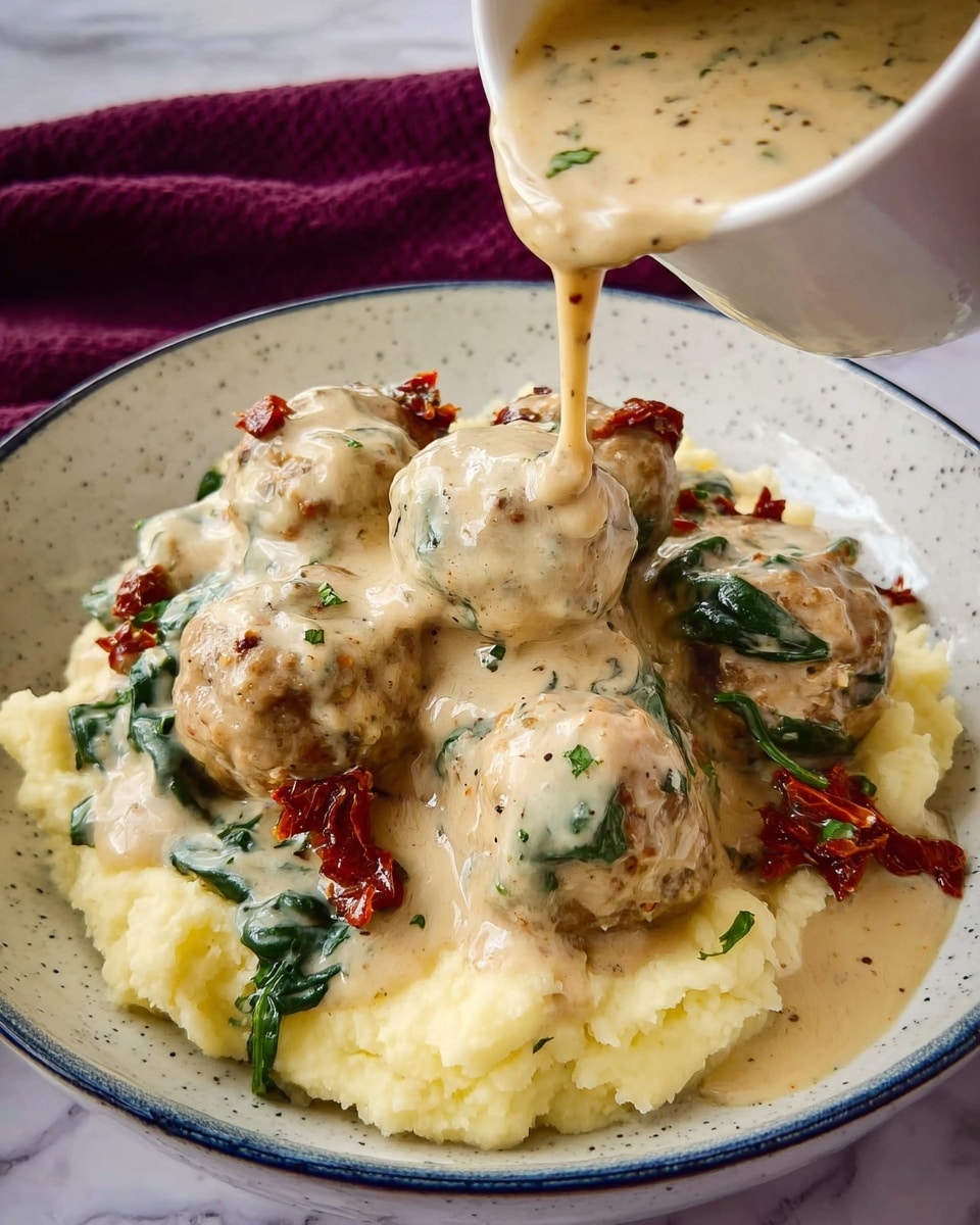 In a white bowl with dark speckles and a thin blue rim, creamy mashed potatoes form the base layer, soft and smooth with a pale yellow color. On top, five round meatballs are placed closely together, covered in a thick beige sauce speckled with herbs. The sauce is being poured from a white container held by a woman's hand, flowing smoothly over the meatballs and onto the potatoes. Mixed into the sauce are dark green spinach leaves and pieces of reddish-brown sun-dried tomatoes, adding color contrast and texture. The bowl is set against a white marbled background, and a deep purple cloth is partially visible behind it. Photo taken with an iphone --ar 4:5 --v 7