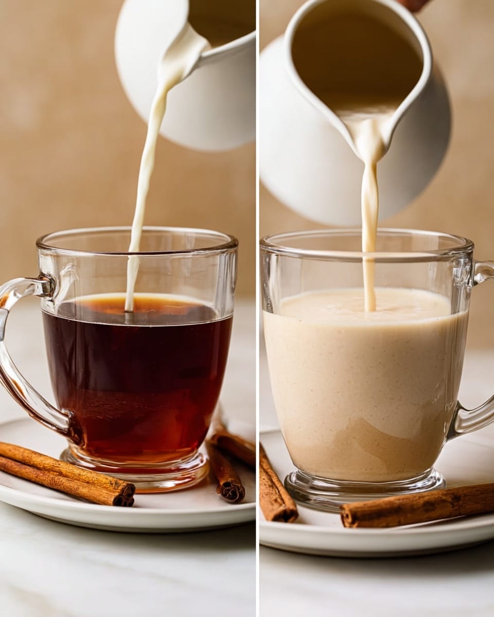 The image shows a clear glass cup placed on a white plate with two cinnamon sticks laying beside it. In the left part of the image, the glass is filled halfway with dark brown tea. In the right part, a creamy light beige liquid is being poured from a white pitcher into the same cup, mixing with the tea. Both parts have a warm, soft background, with the cup and plate sitting on a white marbled surface. photo taken with an iphone --ar 4:5 --v 7