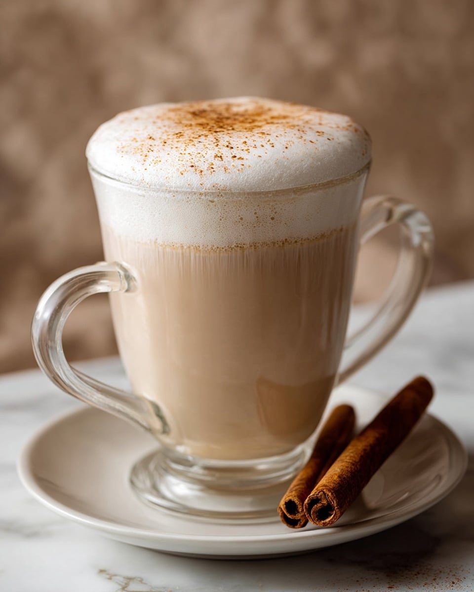 A clear glass cup with a handle is filled with a light brown frothy drink topped with a thick layer of white foam sprinkled with a small amount of brown powder. The cup sits on a white saucer, which holds two brown cinnamon sticks resting beside it. The scene is set against a soft, brown blurred background with a white marbled surface beneath. photo taken with an iphone --ar 4:5 --v 7