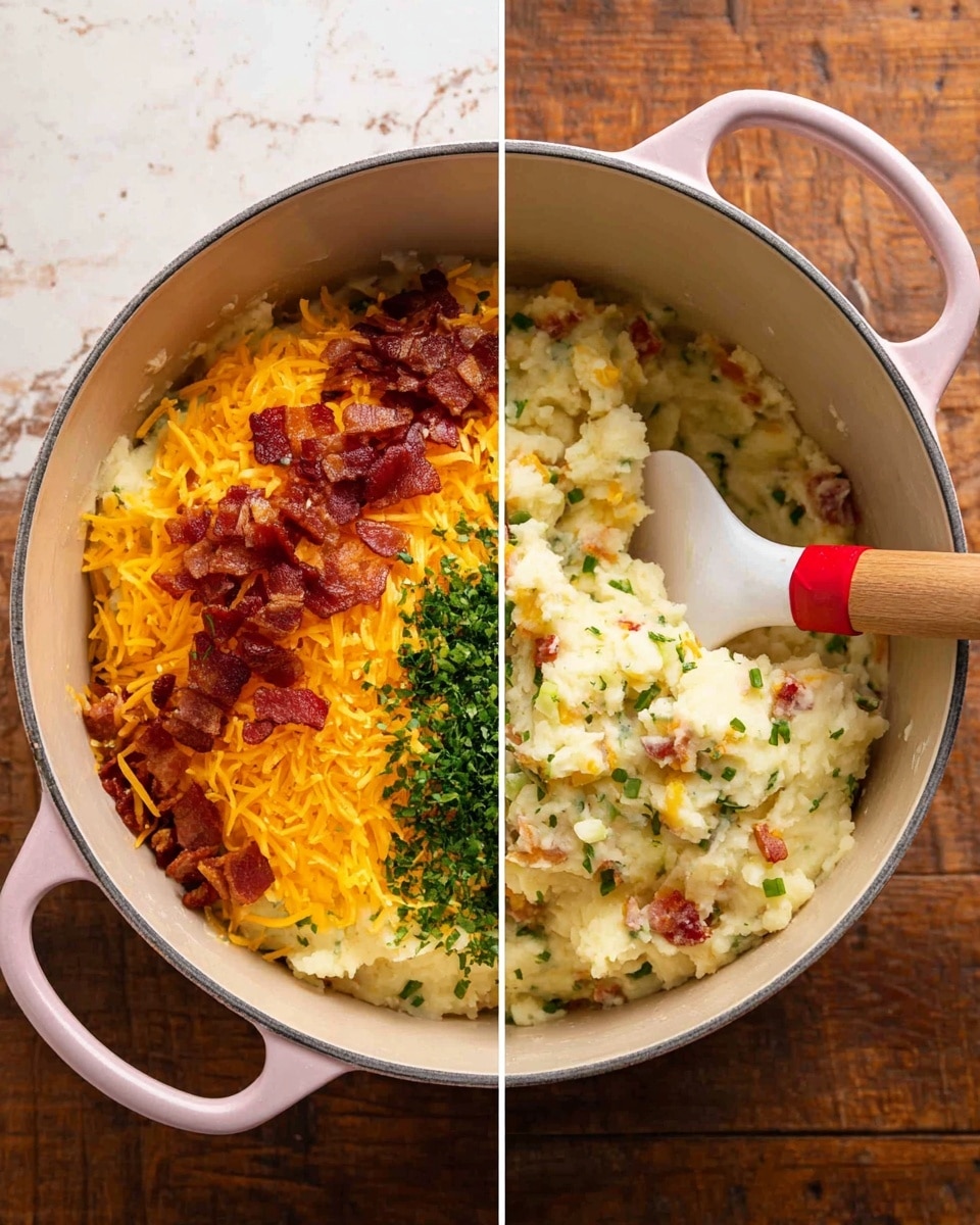 The image shows two side-by-side views inside a light pink pot with a white inside, sitting on a wooden surface replaced with a white marbled texture. The left side has a layer of mashed potatoes topped with bright orange shredded cheese piled on the left, crispy brown bacon pieces in the middle, and finely chopped green herbs on the lower middle. On the right side, the ingredients are mixed, showing a creamy textured mashed potato dish with scattered bits of orange cheese, green herbs, and brown bacon throughout, stirred with a white spatula with a red silicone head. Photo taken with an iphone --ar 4:5 --v 7
