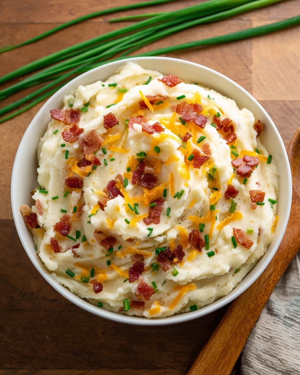 A white bowl filled with creamy mashed potatoes, piled high in soft, fluffy swirls. Mixed within are small pieces of crispy reddish-brown bacon, scattered evenly through the mash. Bright orange shredded cheese is lightly spread on top and partly melted. Small green chive pieces are sprinkled over the entire dish, adding a touch of fresh color. The bowl sits on a wooden surface next to a wooden spoon, with green chive stalks visible in the background. photo taken with an iphone --ar 4:5 --v 7