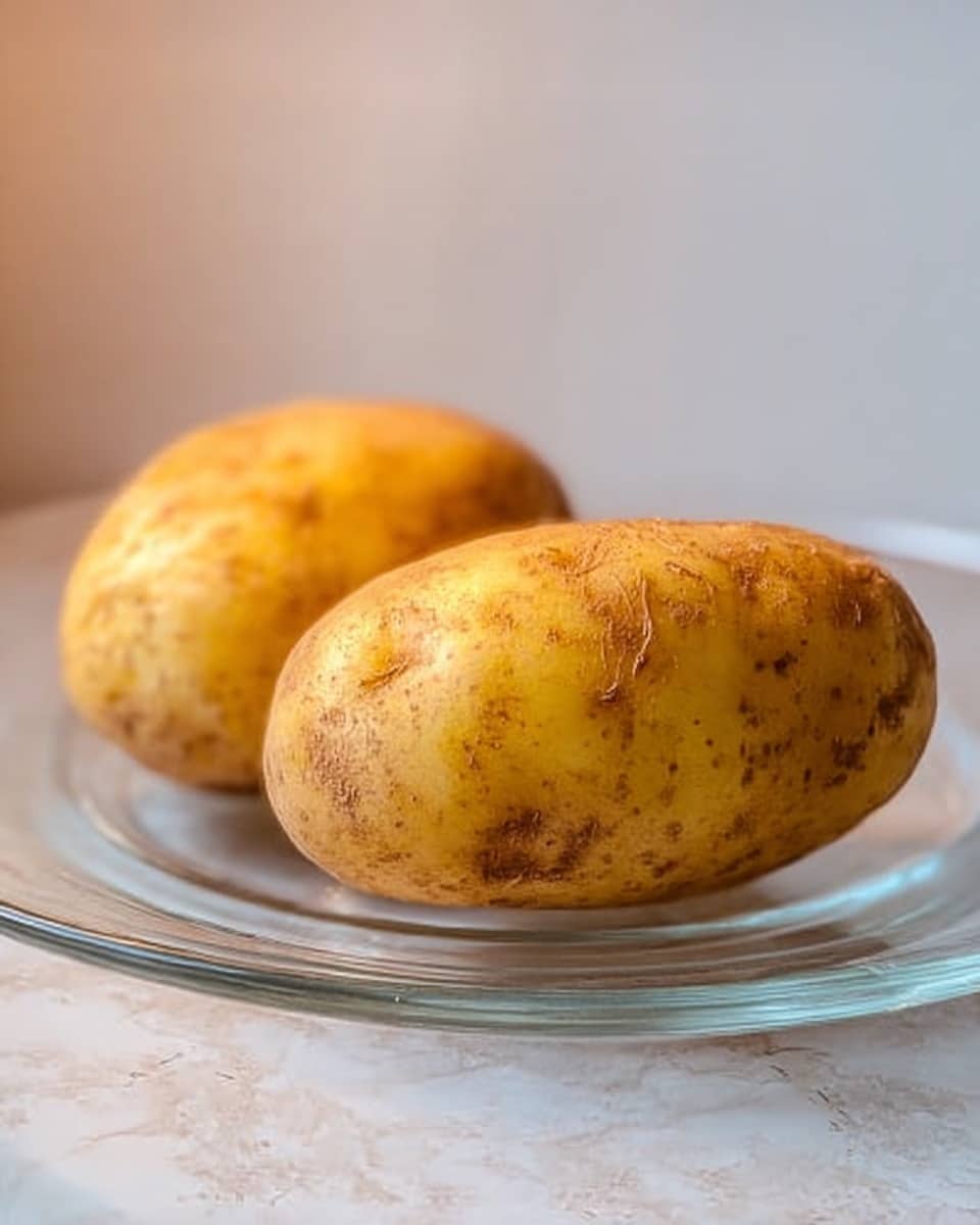 Two unpeeled potatoes with a light brown skin and some natural spots lie next to each other on a clear glass microwave plate, which sits on a white marbled texture surface in a softly lit setting. The potato in the front shows details of its rough, slightly wrinkled texture and a warm yellow tone from the lighting, while the one behind is partially blurred, adding depth to the image. Photo taken with an iphone --ar 4:5 --v 7
