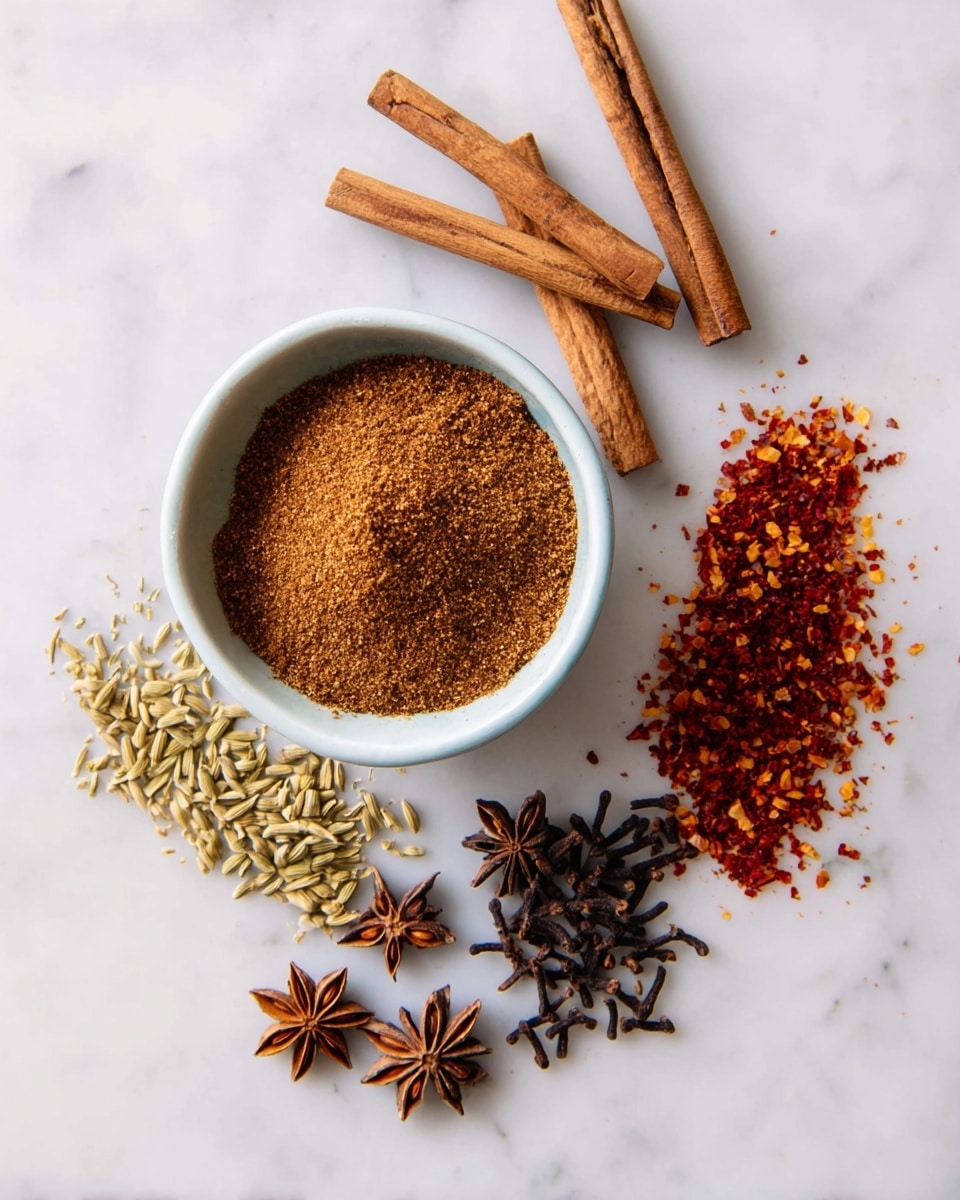 A white bowl filled with finely ground brown spice mix sits on a white marbled surface. Around the bowl, there are three cinnamon sticks placed above it in a scattered arrangement. To the right of the sticks, a small heap of crushed red chili flakes is spread. Below the chili flakes, there is a small pile of light green fennel seeds. Below the bowl and fennel seeds, several star anise pods with their star shape in dark brown color are scattered. Between the star anise and chili flakes, a small bunch of dark brown whole cloves is also spread out. The overall scene shows a neat and colorful spice arrangement on a clean white marbled surface photo taken with an iphone --ar 4:5 --v 7