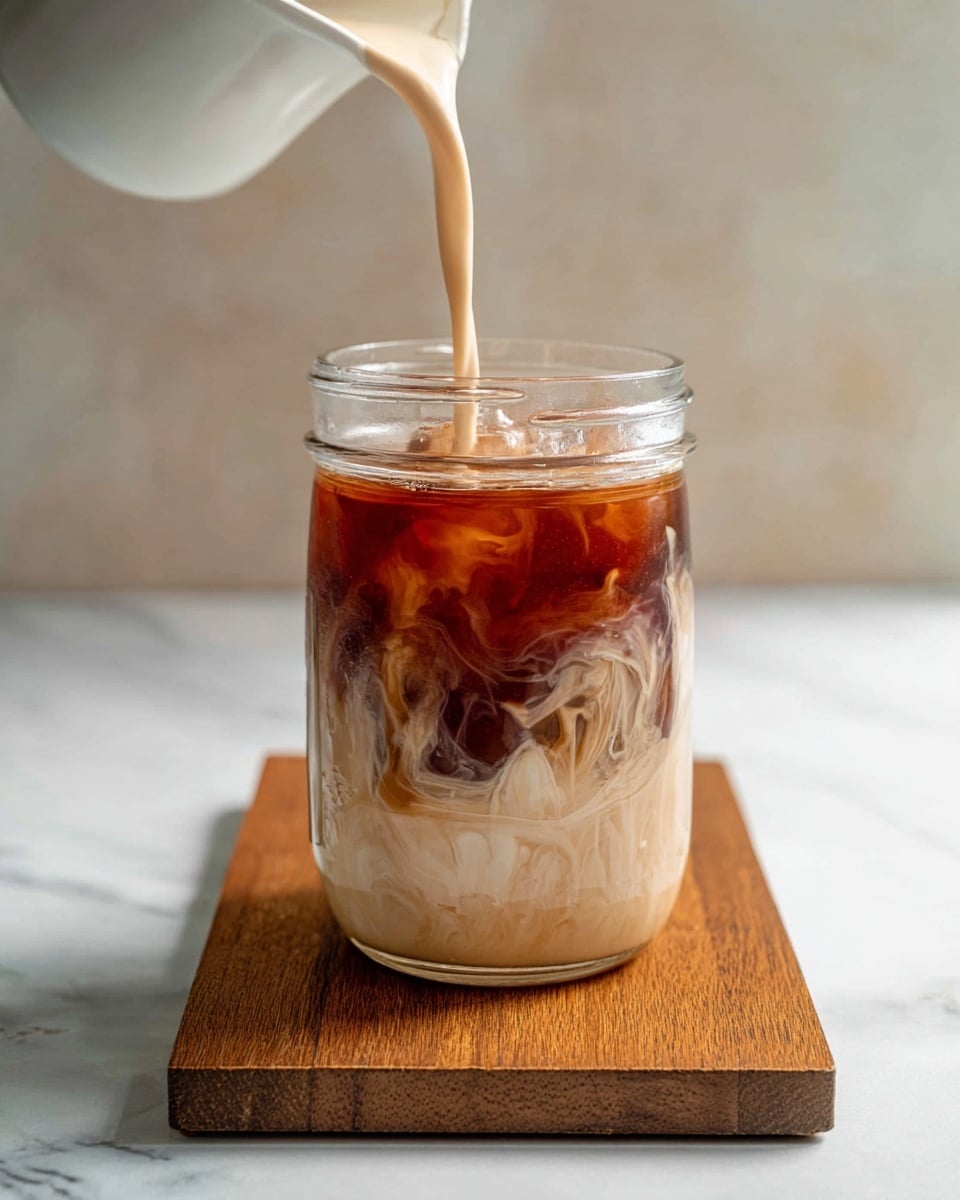A clear glass jar sits on a rectangular wooden board on a white marbled surface. Inside the jar, there are three visible layers: a bottom layer of creamy light beige liquid, a middle layer of dark brown iced coffee with ice cubes creating texture, and a light beige liquid being poured from above, mixing slowly with the dark layer, creating swirling patterns. The background is softly blurred with neutral tones. Photo taken with an iphone --ar 4:5 --v 7