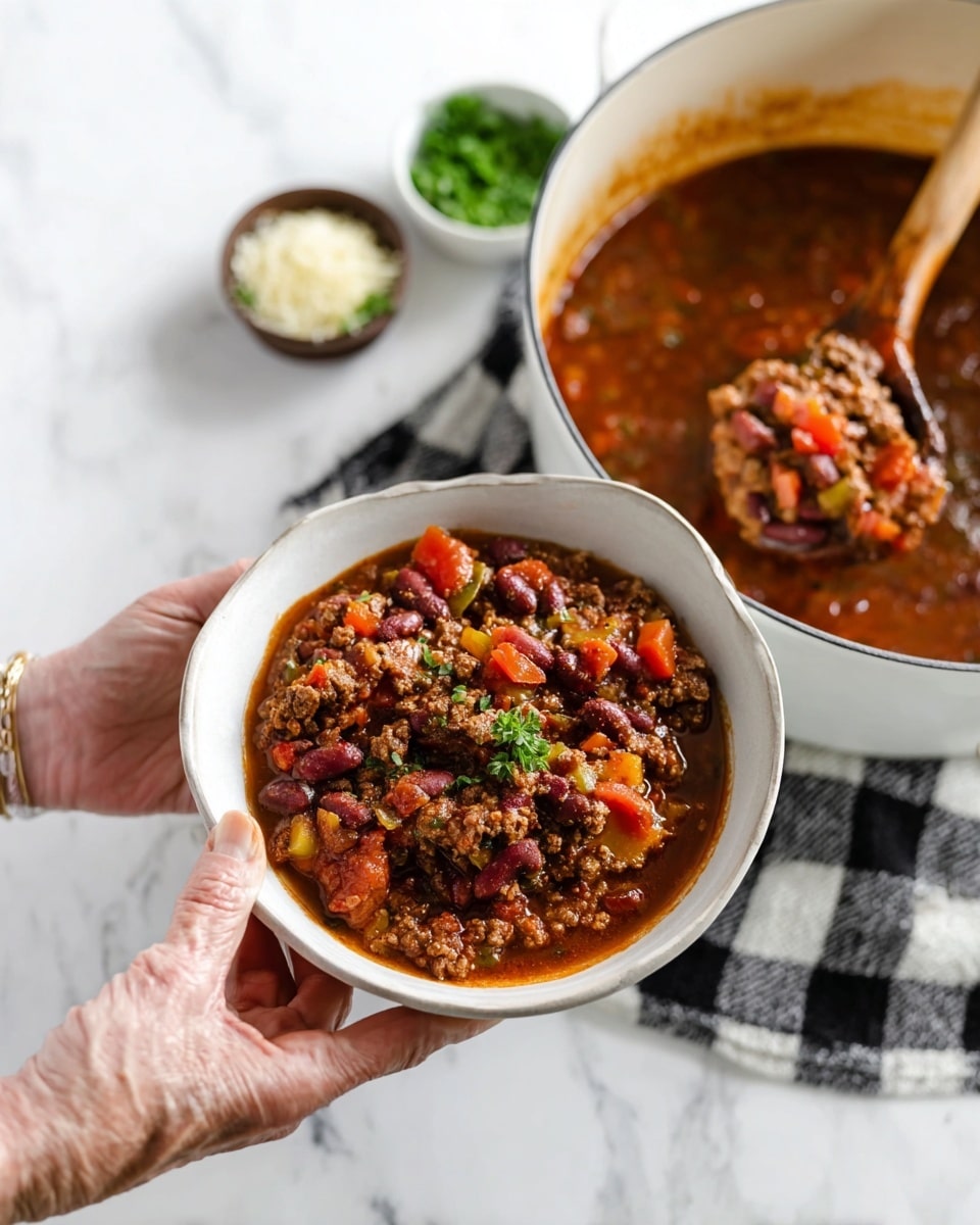 A white bowl filled with chunky chili consisting of layers of brown cooked ground meat, dark red kidney beans, bright red tomato pieces, and small pieces of green and orange bell peppers, all mixed in a rich reddish-brown sauce. A woman's hand is holding the bowl near the bottom, and another woman's hand is using a wooden ladle to scoop more chili from a large white pot placed on a white marbled surface with a black and white striped cloth underneath. In the background, there are blurred bowls with green herbs and possibly grated cheese. Photo taken with an iphone --ar 4:5 --v 7