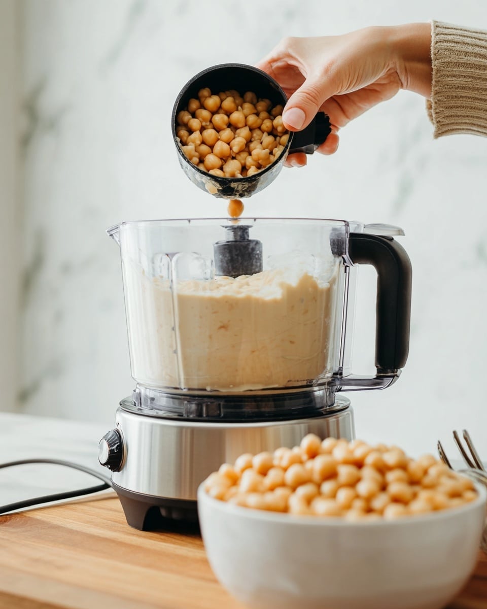 A close-up of a silver food processor filled with a creamy, light beige mixture. A woman's hand holds a black measuring cup filled with light orange chickpeas above the processor, about to add them in. In the foreground, there is a white bowl full of the same chickpeas on a wooden surface. The background has a soft, white marbled texture. The image feels bright and clean with natural light. photo taken with an iphone --ar 4:5 --v 7