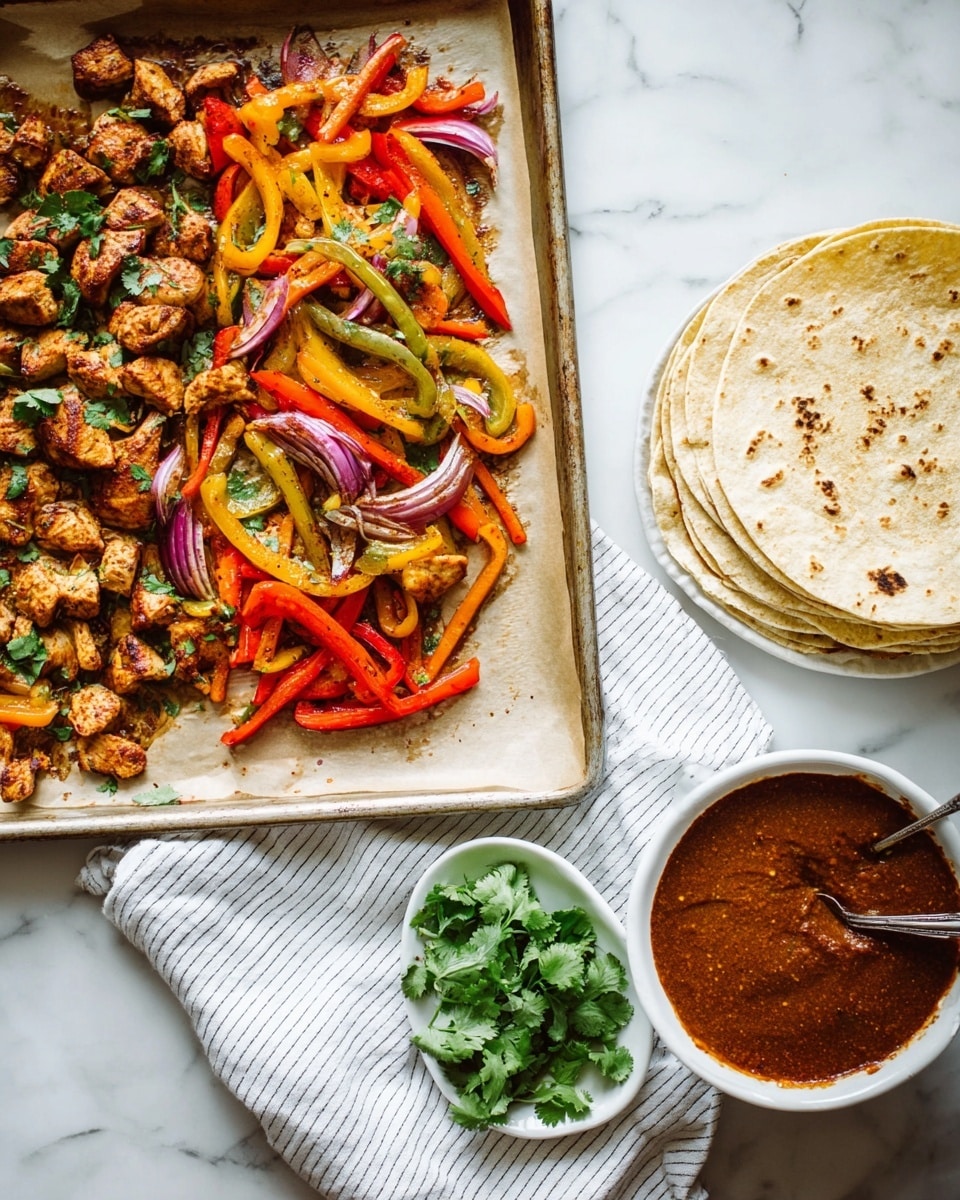 The image shows a tray lined with brown parchment paper holding cooked pieces of brownish-golden chicken chunks on the right side, next to a mix of sautéed bell peppers and red onions in red, yellow, orange, and purple colors, all topped with small cilantro leaves. On the left bottom corner of the tray, there is a white bowl filled with a chunky reddish-brown sauce, with a spoon resting inside. The tray is set on a white marbled surface with scattered cilantro leaves and lime wedges around it. Photo taken with an iphone --ar 4:5 --v 7