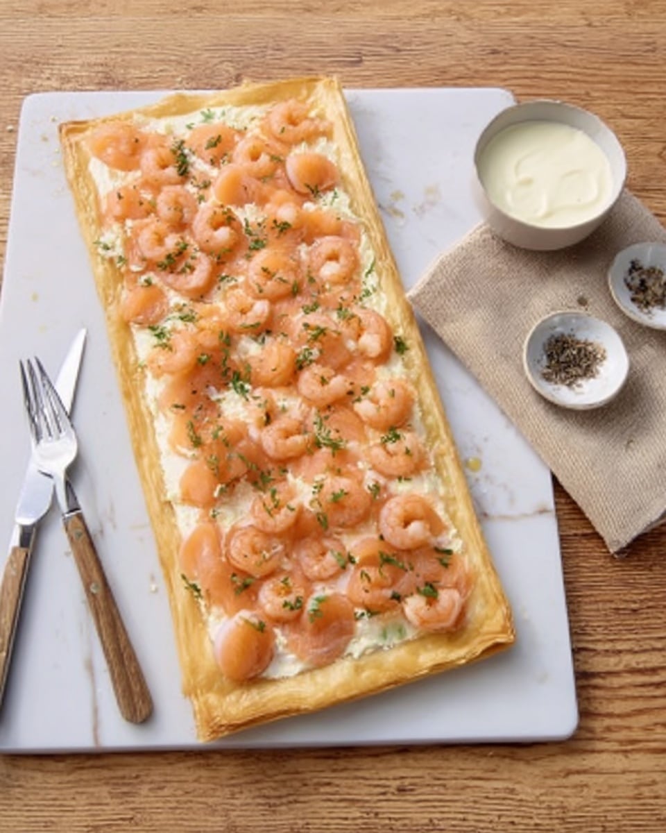 A rectangular pastry with a golden crust base is topped with a layer of cream and thin salmon slices evenly spread across the surface. Small cooked shrimp are placed on top of the salmon in neat rows, giving an orange and pale pink mix of colors. The pastry sits on a white plate, and the background is a white marbled surface. Nearby are a beige napkin with a silver fork and knife alongside a small bowl of cream, and a small dish with black pepper. Photo taken with an iphone --ar 4:5 --v 7