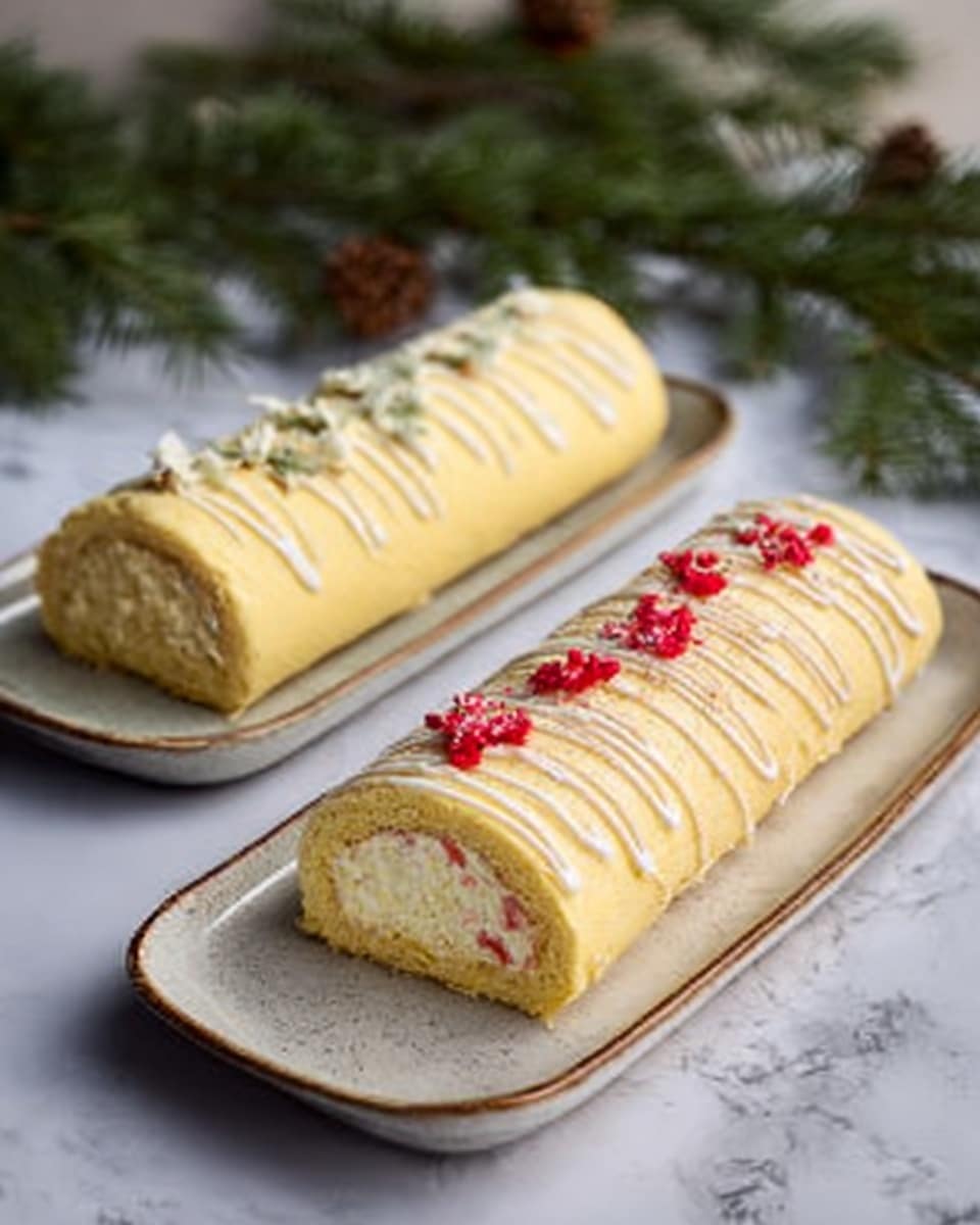 Two cream-colored cake rolls are placed side by side on two long white plates, each with a smooth texture and slightly golden edges. The top layer of the rolls is pale yellow with thin white icing drizzled in diagonal lines and small, delicate edible flower petals sprinkled on top - red petals on the right roll and white petals on the left. The inside visible at one end reveals a creamy light filling with a soft, fluffy texture. The scene is set on a white marbled surface with green pine branches blurred in the background, giving a natural, cozy feel. Photo taken with an iphone --ar 4:5 --v 7