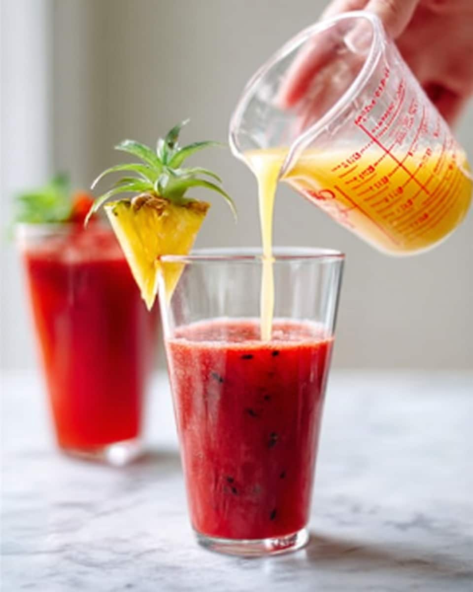 A clear glass filled with bright red juice with small black seeds floating on top, garnished with a triangular yellow pineapple slice and a small green leaf on the rim. A woman's hand is pouring light yellow juice from a clear measuring cup into the glass. In the background, there is another similar glass with red juice and garnishes, all placed on a white marbled surface. Photo taken with an iphone --ar 4:5 --v 7