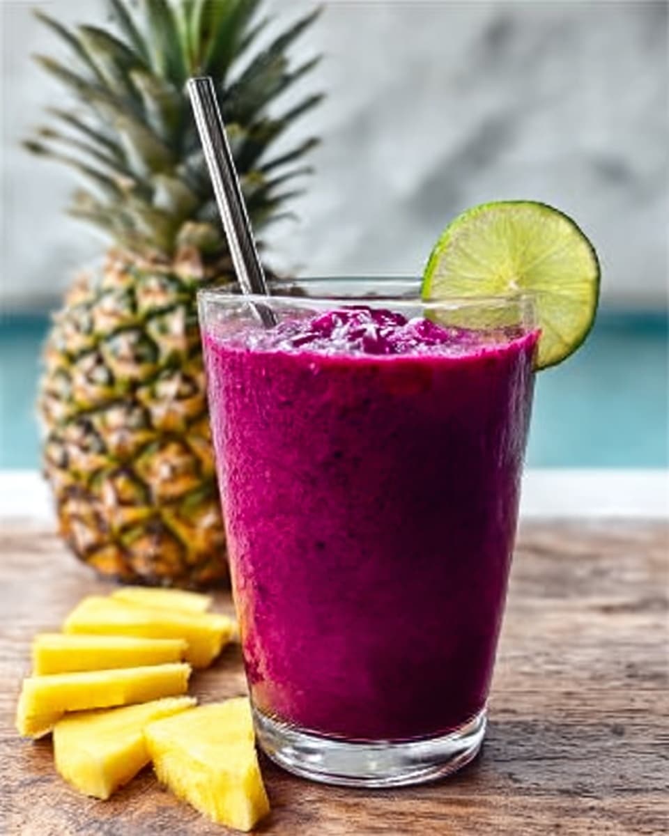 A clear glass filled with a thick, bright purple smoothie sits on a wooden surface with a white marbled texture background. The smoothie has a slightly textured top with small ice pieces visible. A silver metal straw stands in the glass, and a green lime wedge is placed on the rim. Behind the glass, there is a whole pineapple and several pineapple slices arranged near the base. The photo was taken with an iphone --ar 4:5 --v 7