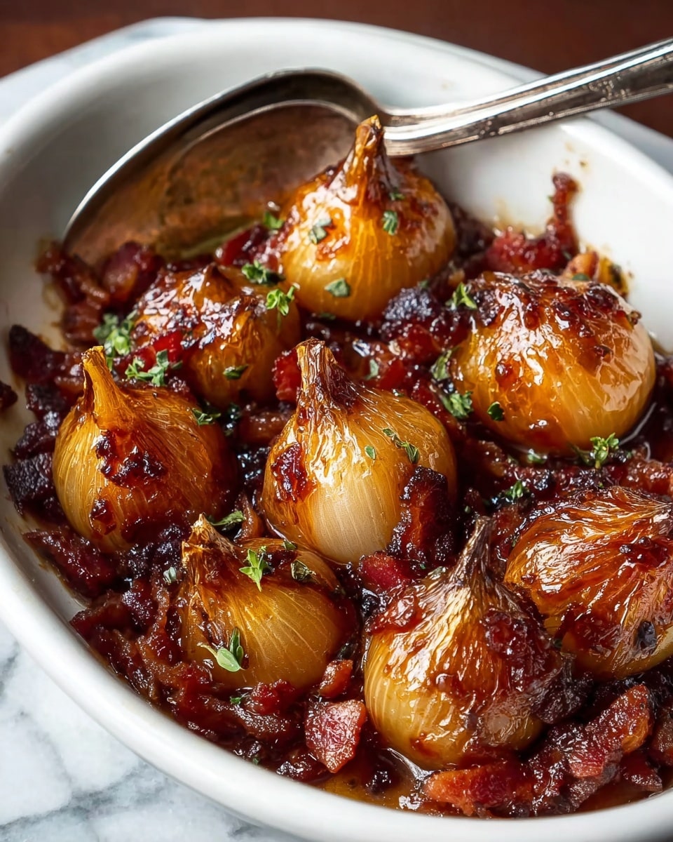 The image shows a white dish filled with several cooked small onions that have a shiny and slightly caramelized brown color. They sit atop a layer of deep red pieces that look like cooked bacon, with some small fresh green herb bits sprinkled on top for color contrast. The dish has a rich, glossy sauce pooling at the bottom, adding a moist texture. A silver spoon and fork rest on the edge of the dish. The whole scene is on a white marbled surface. photo taken with an iphone --ar 4:5 --v 7