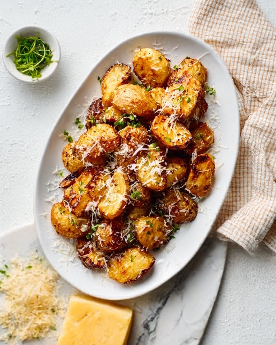 A white oval plate holds about ten golden-brown roasted potato pieces with crispy edges. The potatoes are topped with some finely grated white cheese and small green herb leaves scattered across. To the side of the plate, there is a small white bowl with some more green herbs, and below the plate on a white marbled surface, there is a piece of yellow cheese on a flat object and a beige checked cloth. The lighting highlights the texture and color of the roasted potatoes, making them look warm and fresh photo taken with an iphone --ar 4:5 --v 7