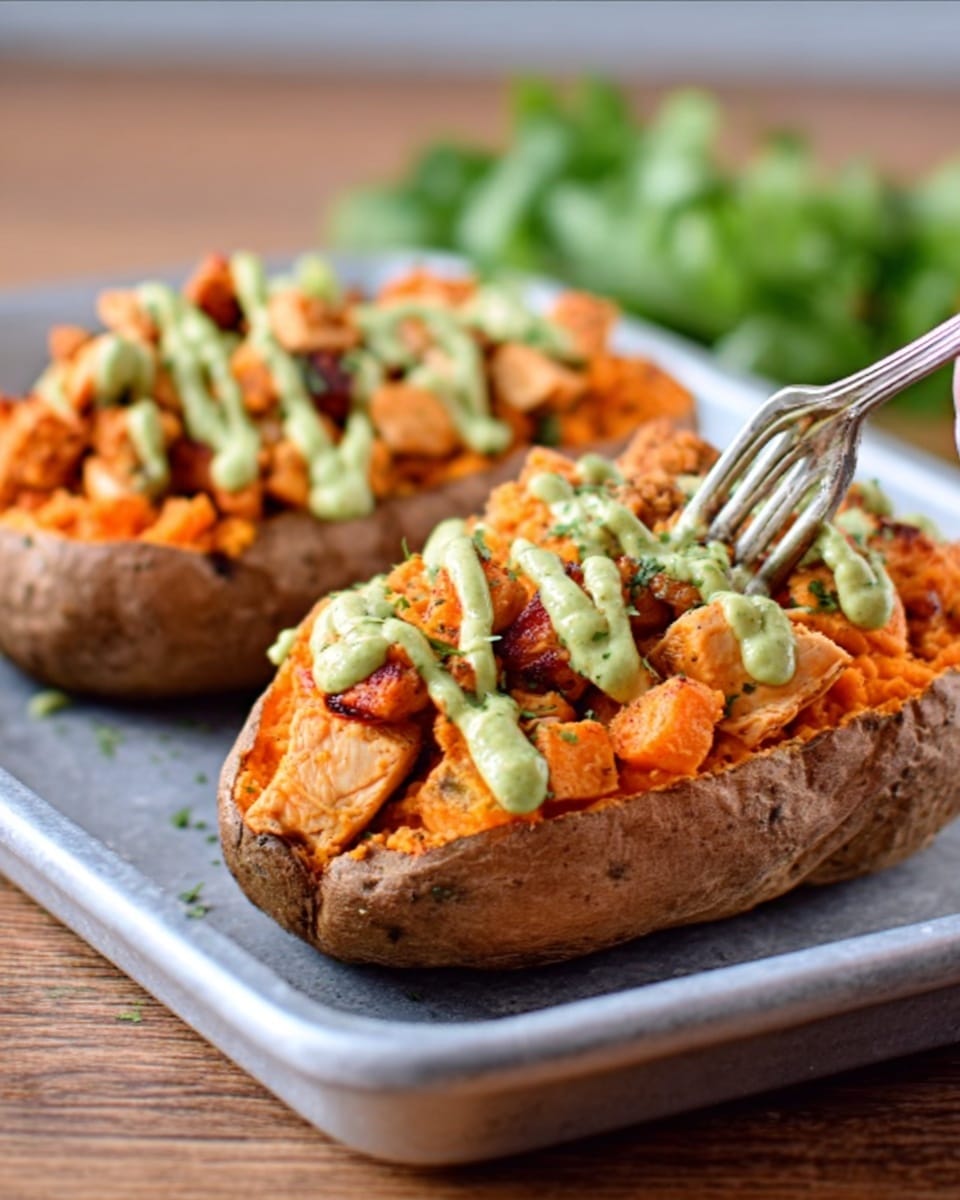 A close-up of two roasted sweet potato halves on a white tray, each filled with tender orange sweet potato and topped with a light green avocado sauce drizzled in wavy lines. The potatoes sit on a wooden table surface with some blurred green leaves in the background. A woman's hand holds a fork near the potatoes. The colors include warm orange from the potato, light green from the sauce, and the brown skin of the potatoes. photo taken with an iphone --ar 4:5 --v 7