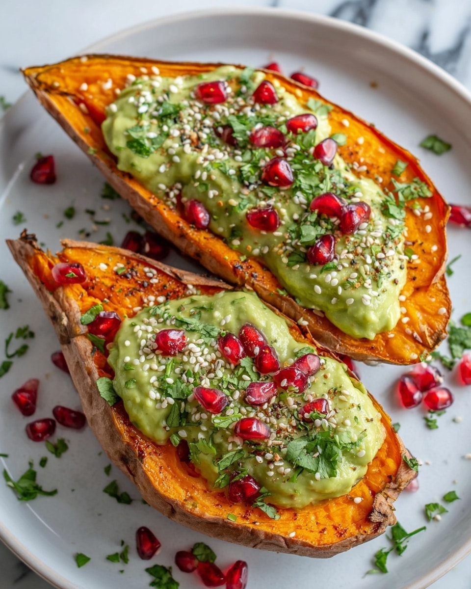 Two halves of a roasted sweet potato with a bright orange inside and slightly browned edges are placed on a white plate. Each half is topped with a thick layer of smooth green avocado cream, sprinkled with white sesame seeds, red pomegranate seeds, and small bits of green fresh herbs. Some seeds and herbs are scattered on the plate around the potatoes, all placed on a white marbled surface. The colors are vibrant with orange, green, red, and white tones. photo taken with an iphone --ar 4:5 --v 7